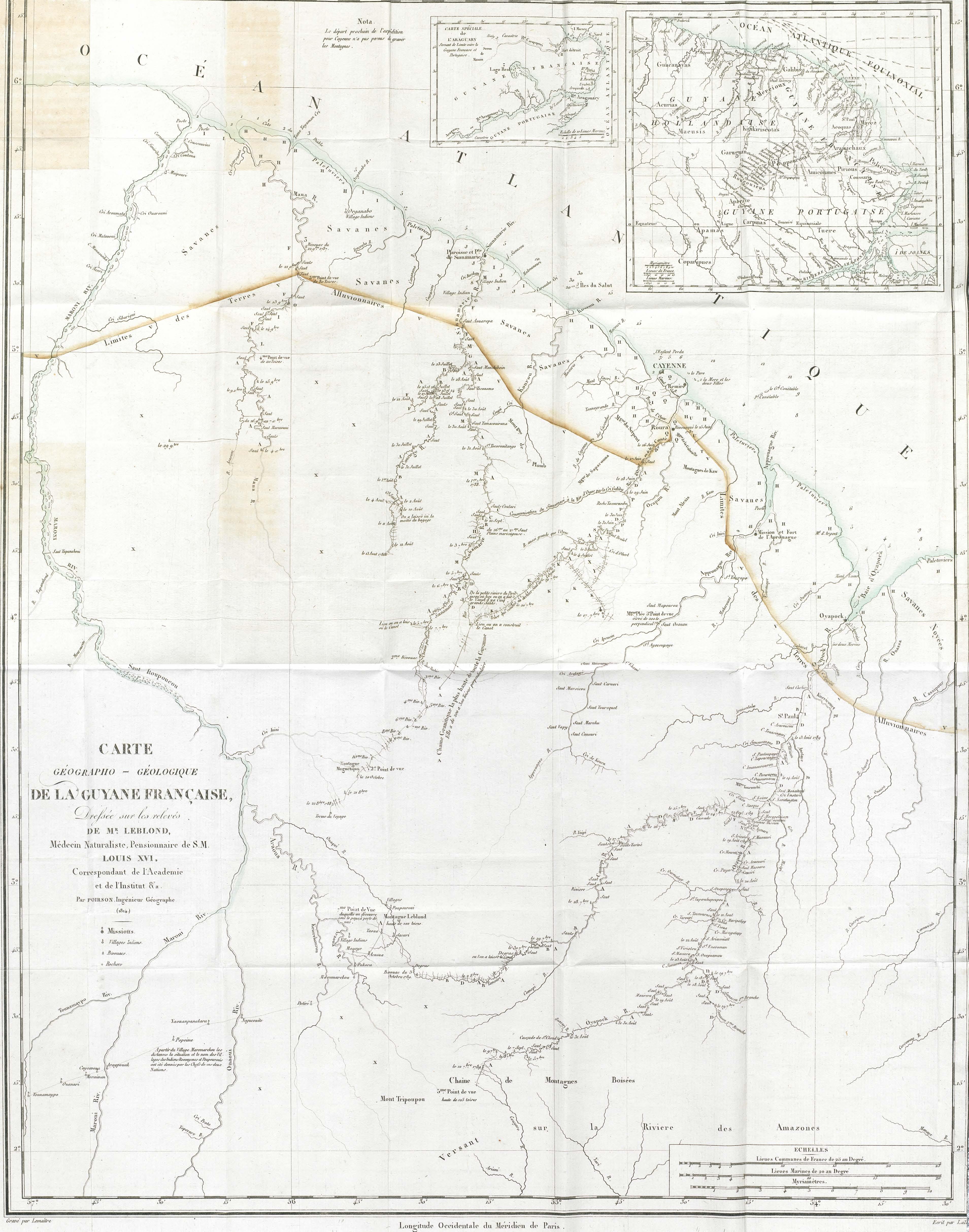 Carte géographo-géologique de la Guyane Française Dressée sur les relevés de Mr. Leblond, Médecin Naturaliste Pentionné de S.M. Louis XVI