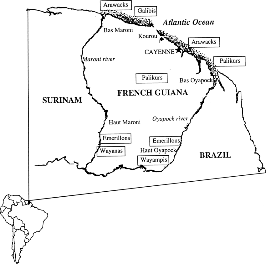 Fig. 1. Map of French Guiana with locations of the various Amerindian groups