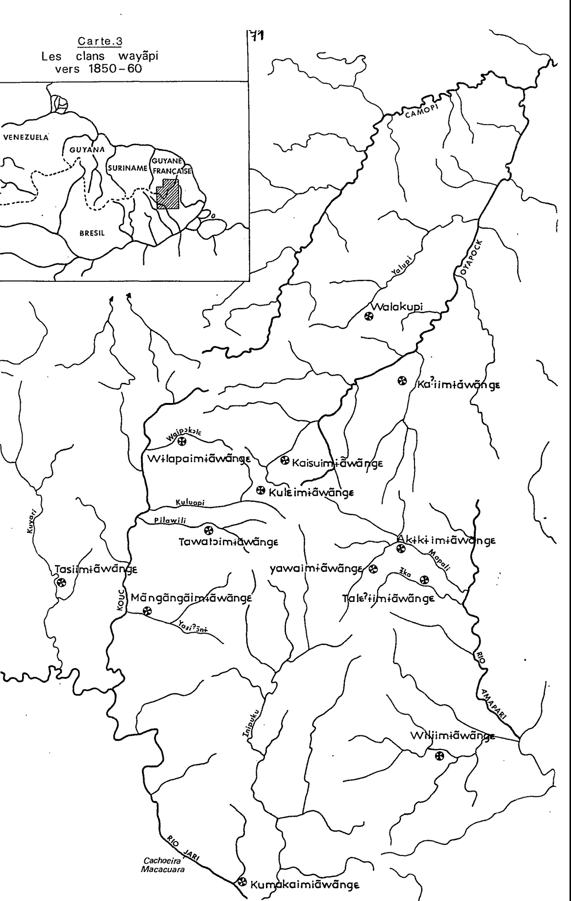 Carte 3. Les clans wayãpi vers 1850-1860