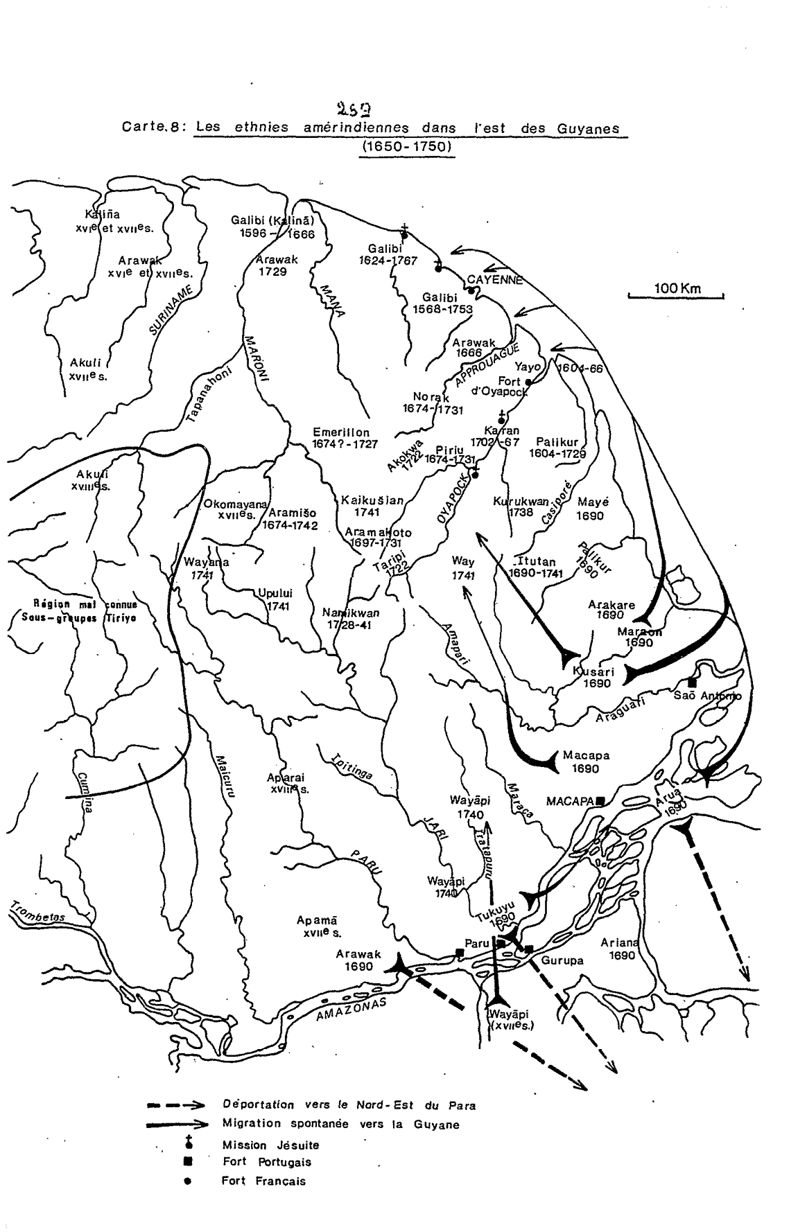 Carte 8: Les ethnies amérindiennes dans l'est des Guyanes (1650-1750)