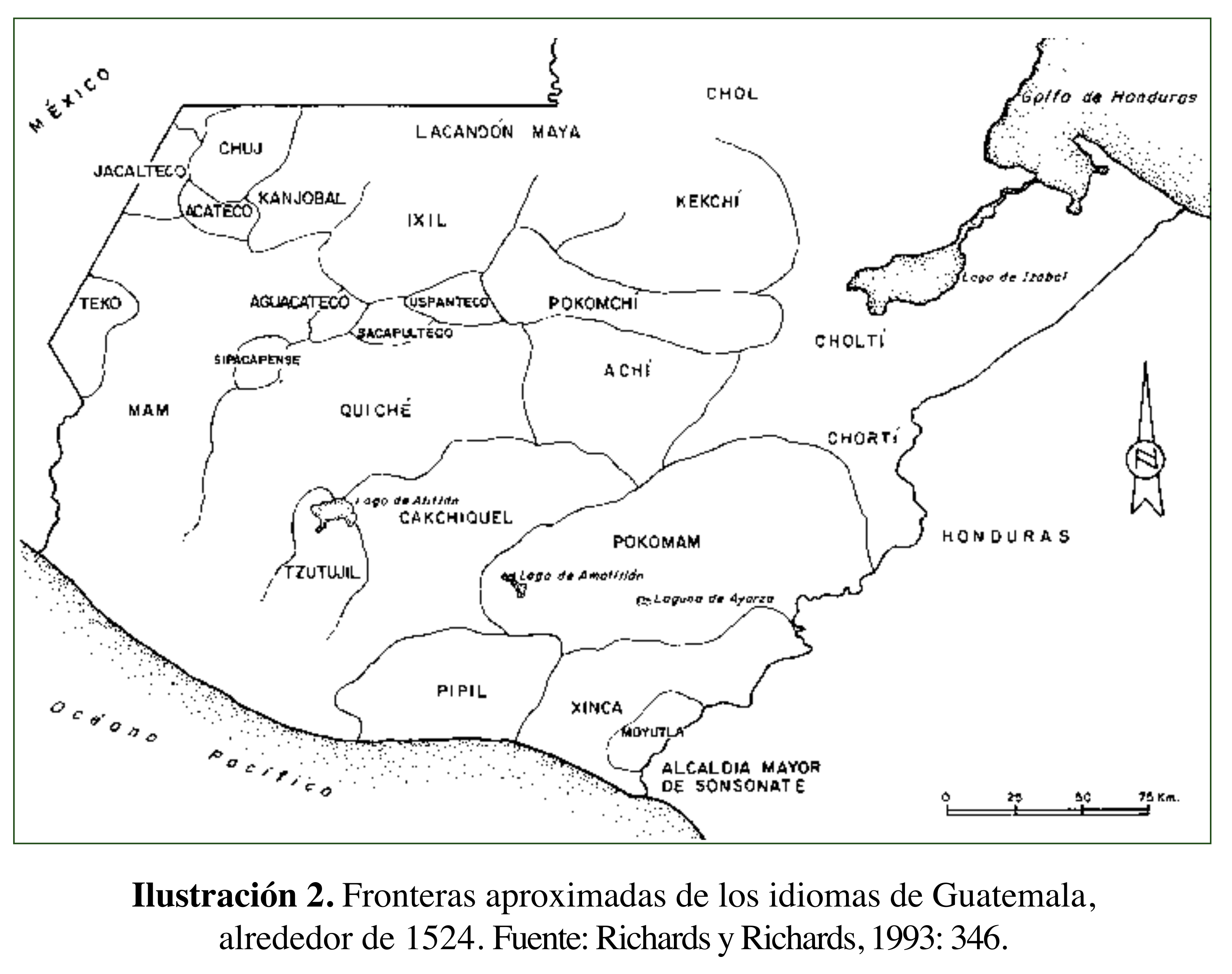 Fronteras aproximadas de los idiomas de Guatemala, alrededor de 1524