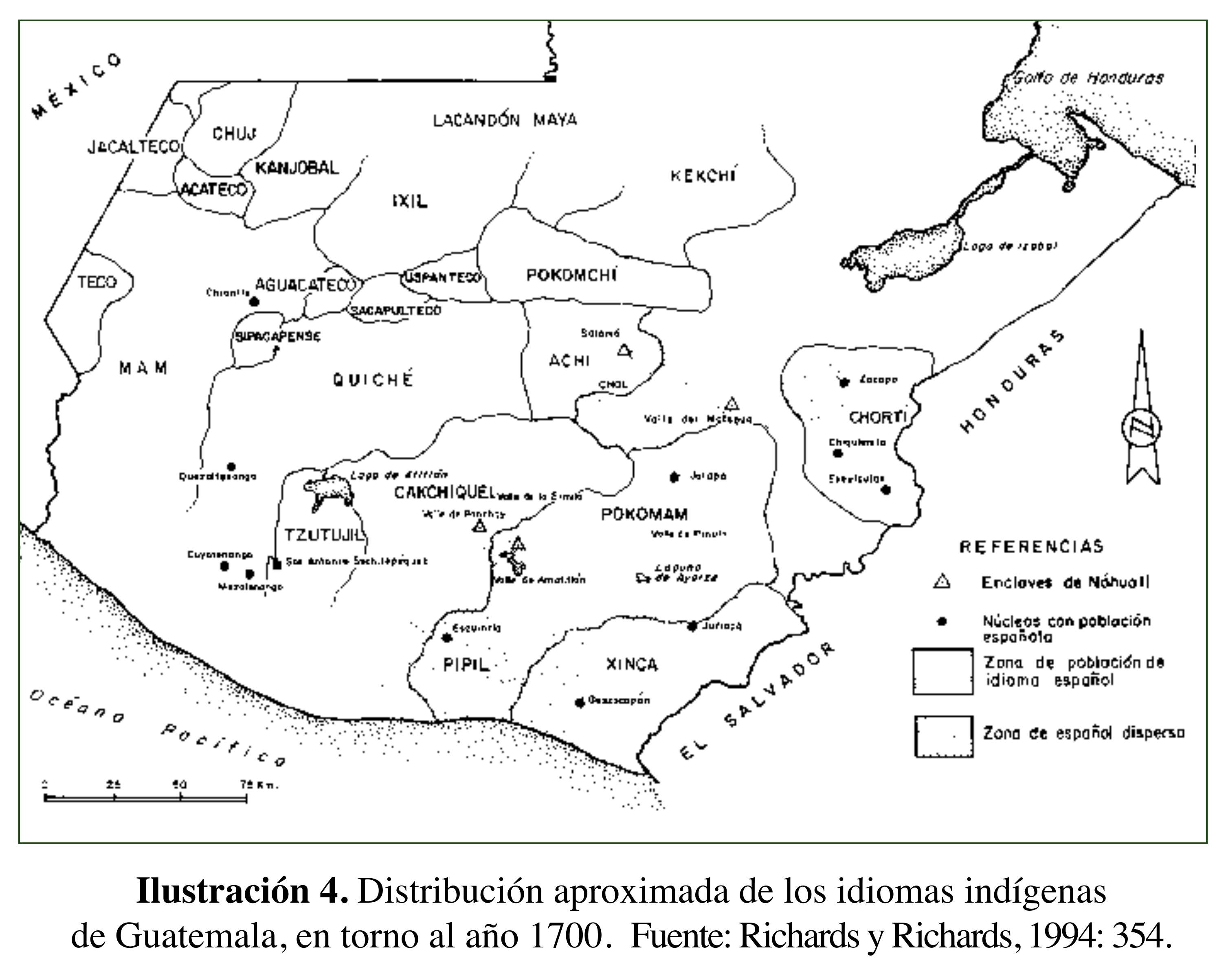 Distribución aproximada de los idiomas indígenas de Guatemala, en torno al año 1700