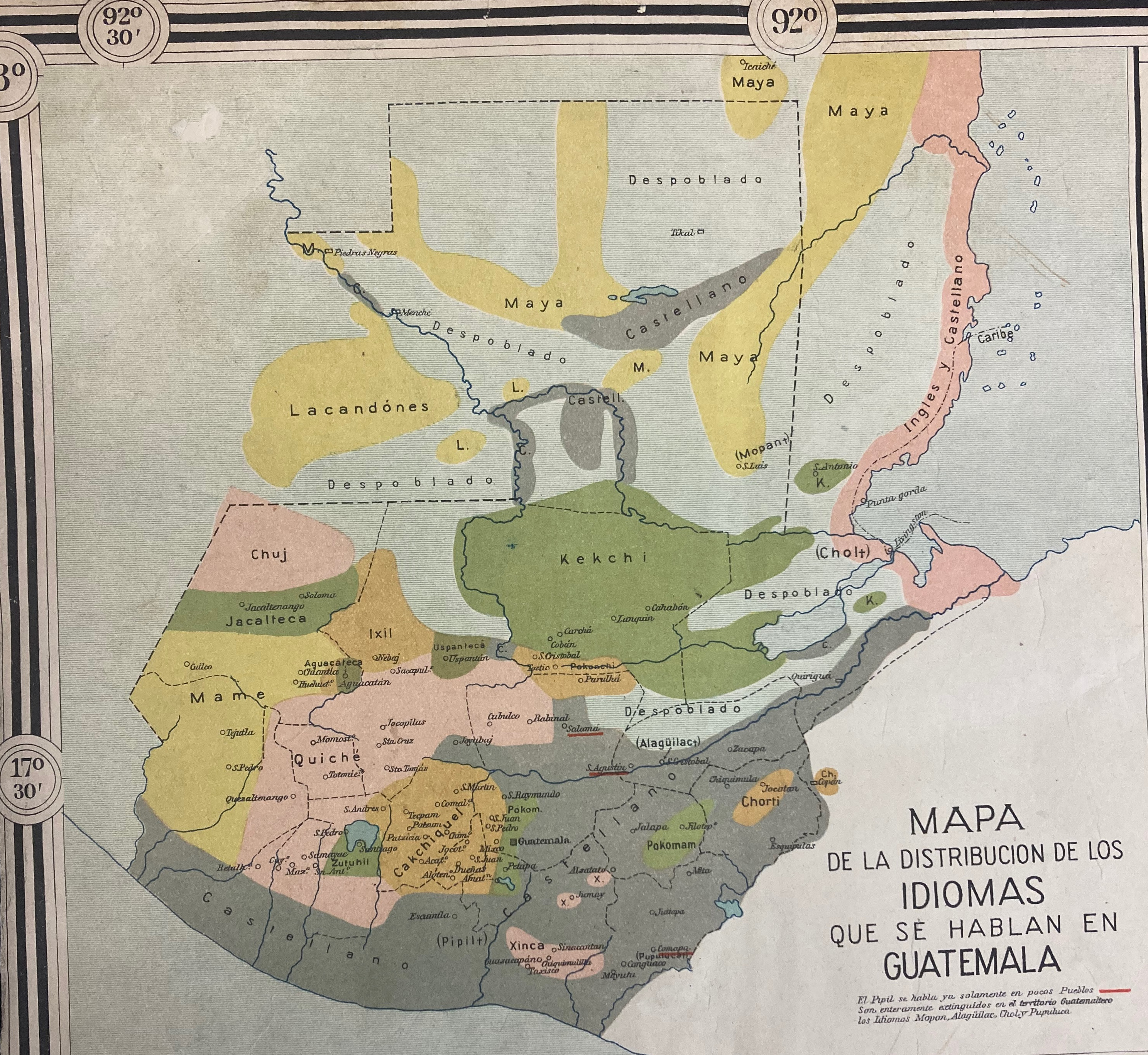 Mapa de la Distribucion de los Idiomas qu se hablan en Guatemala