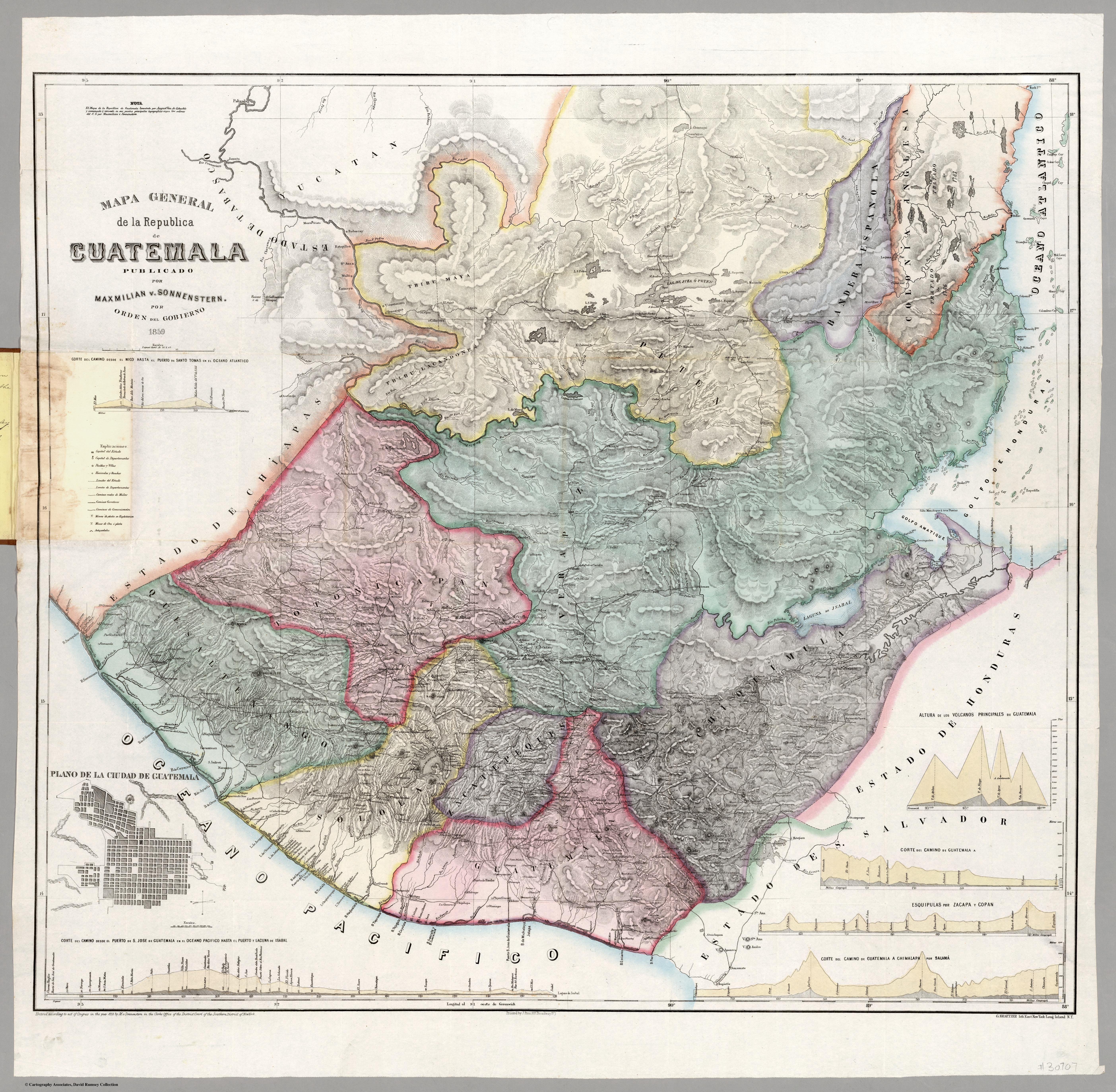 Mapa general de la Republica de Guatemala. Publicado por Maximilian v. Sonnenstern por orden del gobierno, 1859. Printed by J. Rau, 33 Broadway, NY. G Kraetzer lith, East New York Long Island, N.Y. "Entered according to act of Congress in the year 1859 by M.v Sonnenster...New York. (insets) Plando de la Ciudad de Guatemala;and 6 releif profiles.