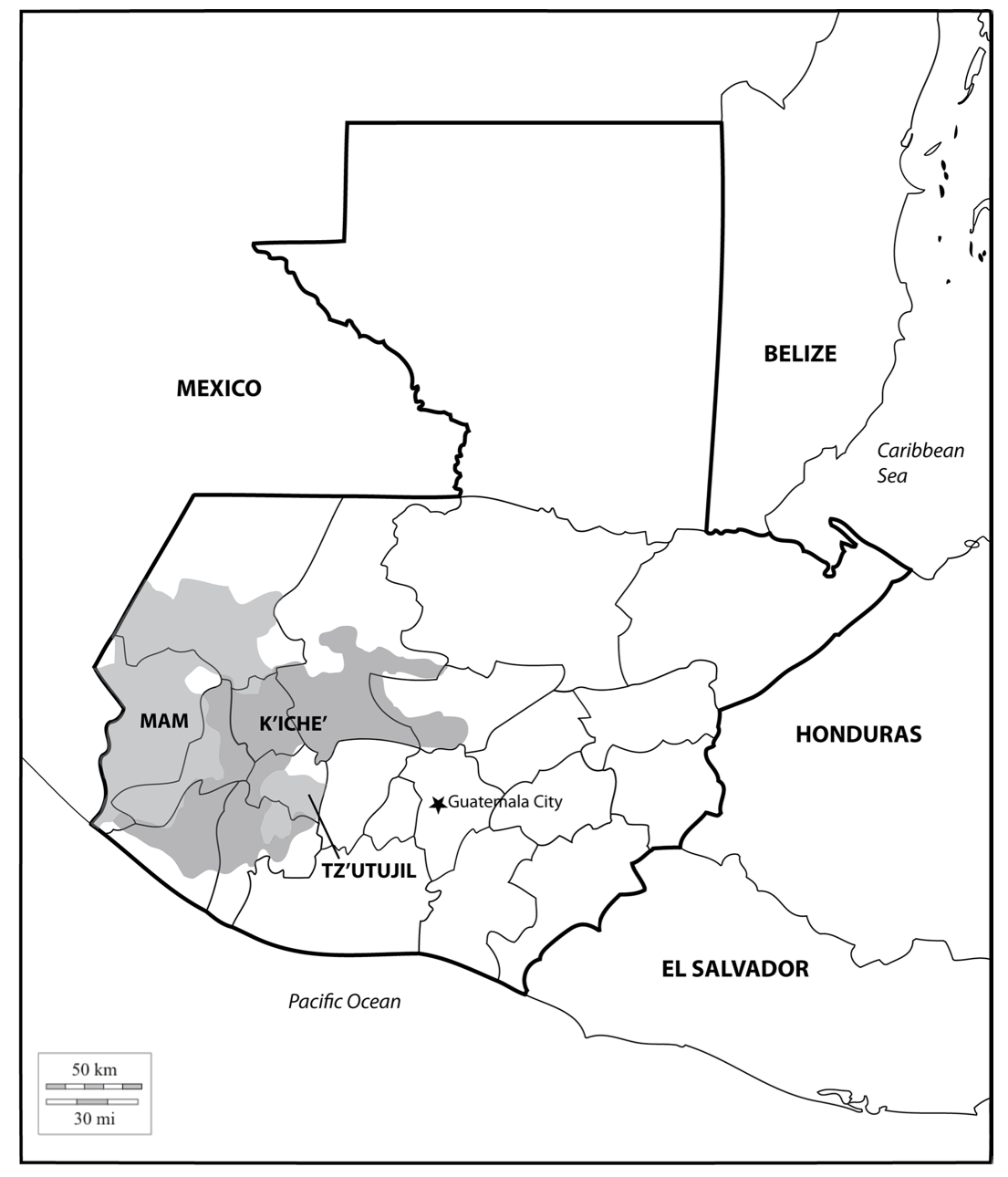 Location of three ethno-linguistic groups in the highlands of Guatemala in which joint InHerit-Riecken community-participant mapping took place. Adapted from http://d-maps. com/carte.php?num_car=1717&lang=en)