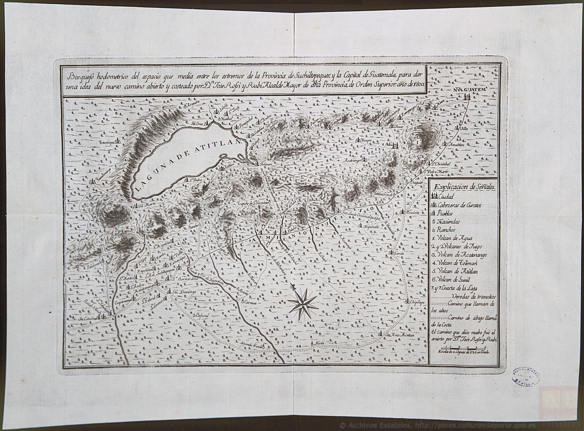 Bosquejo hodométrico del expacio que media entre los extremos de la Provincia de Suchiltepeques y la Capital de Guatemala, para dar una idea del nuevo camino abierto y costeado por D. José Rossi y Rubí, Alcalde mayor de dicha Provincia, de orden superior, año de 1800.