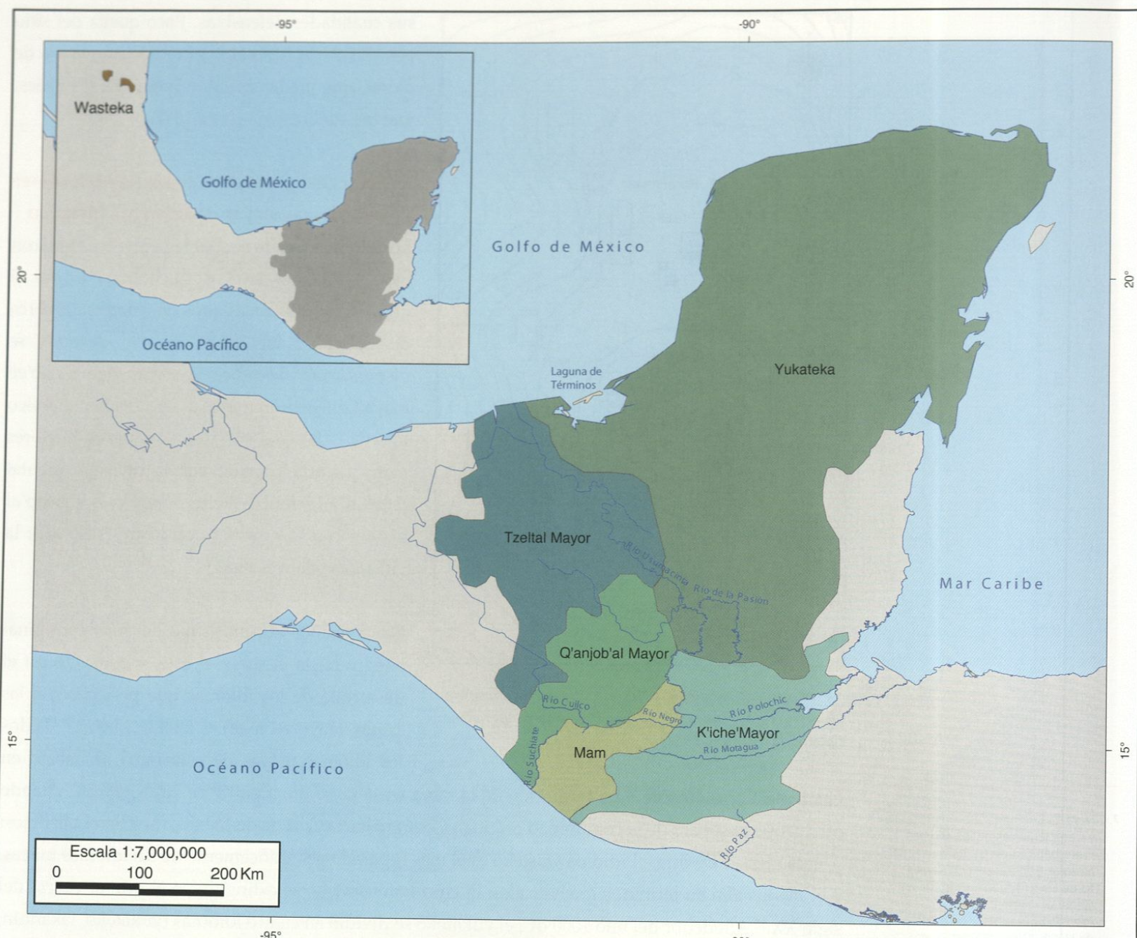 Distribución geográfica de las ramas mayores de los idiomas mayas en su origen histórico.