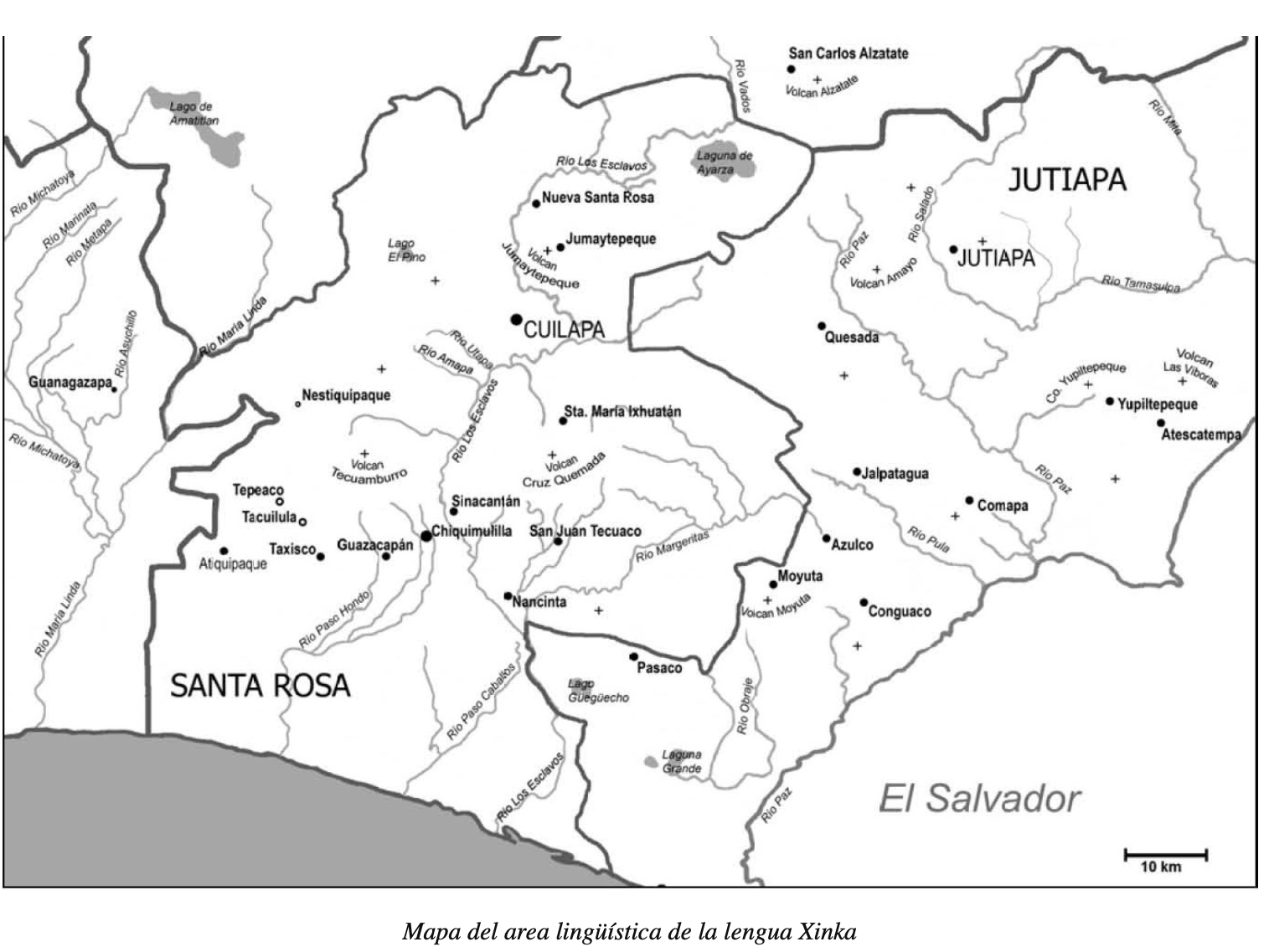 Mapa del area lingüística de la lengua Xinka