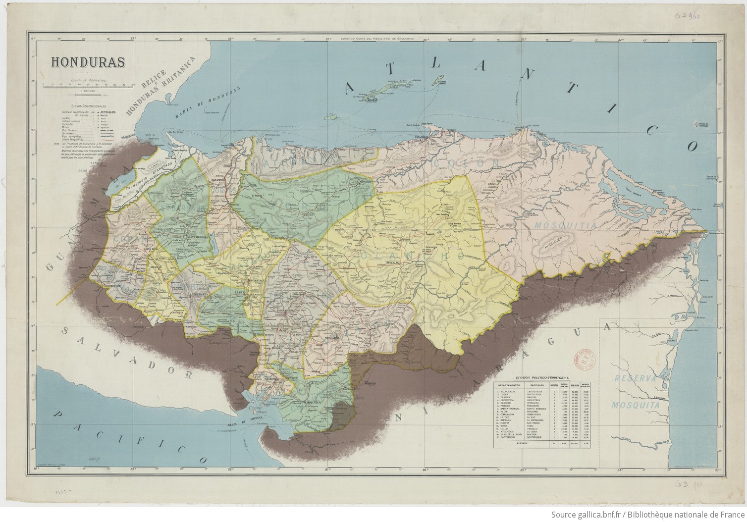 Honduras 1/800.000. Copyright 1909 by E. C. Fiallos