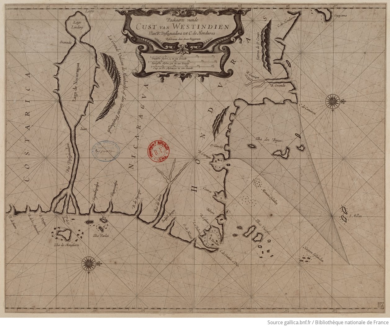 Paskaerte vande cust van Westindien van R. Desaguadera tot C. de Honduras / beschreven door Arent Roggeveen