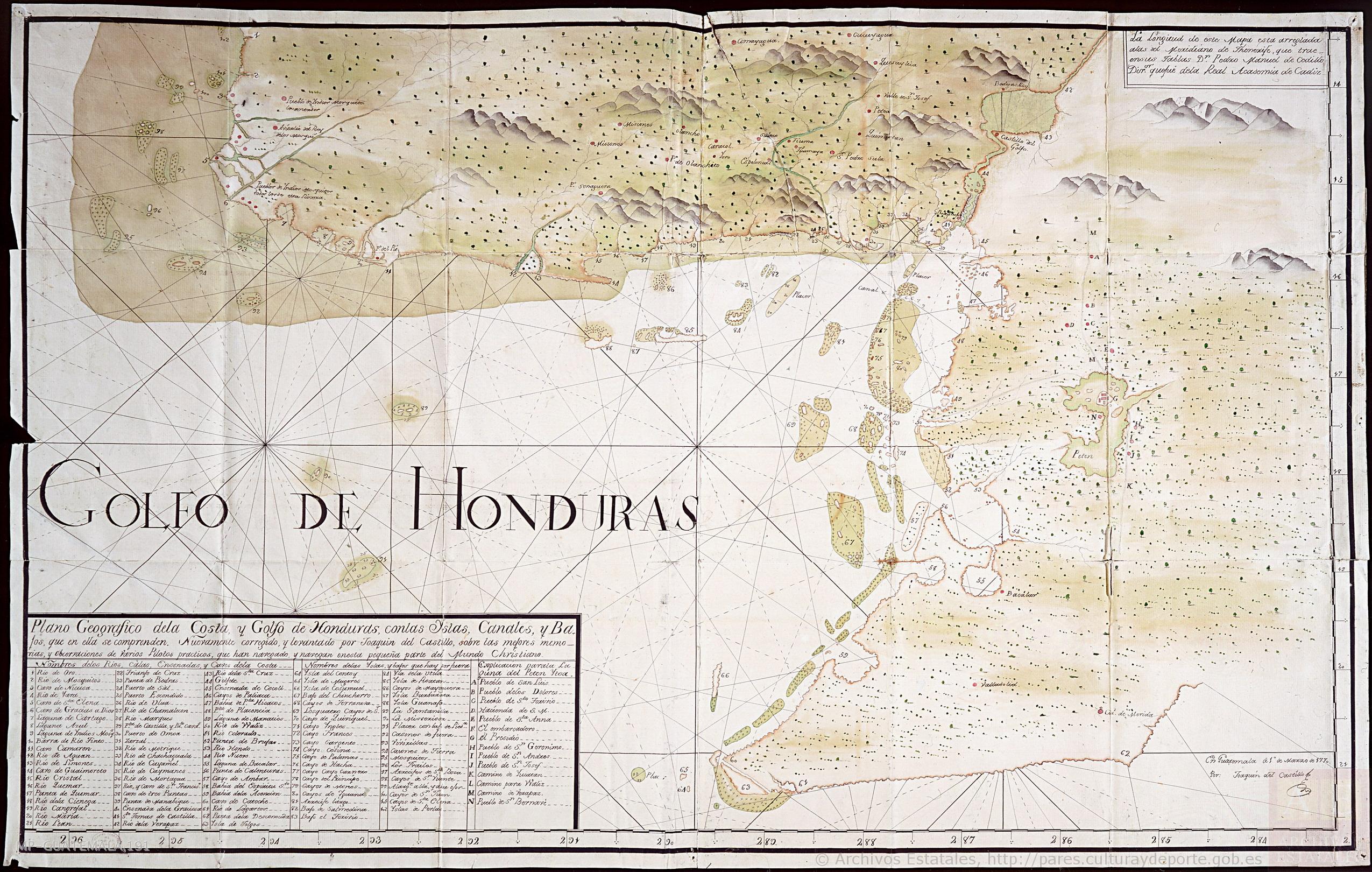 Plano Geográfico de la Costa y Golfo de Honduras, con las Islas, Canales y Bajos, que en ella se comprenden. Nuevamente corregido y levantado por Joaquin del Castillo sobre las mejores memorias y observaciones de varios Pilotos practicos, que han navegado, y navegan en esta pequeña parte del Mundo Christiano.