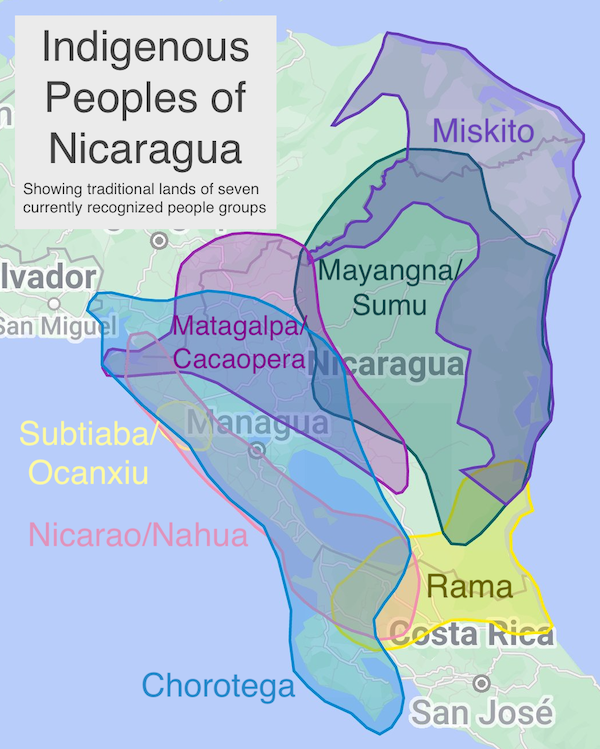 Indigenous Peoples of Nicaragua: Showing traditional lands of seven currently recognized people and groups.