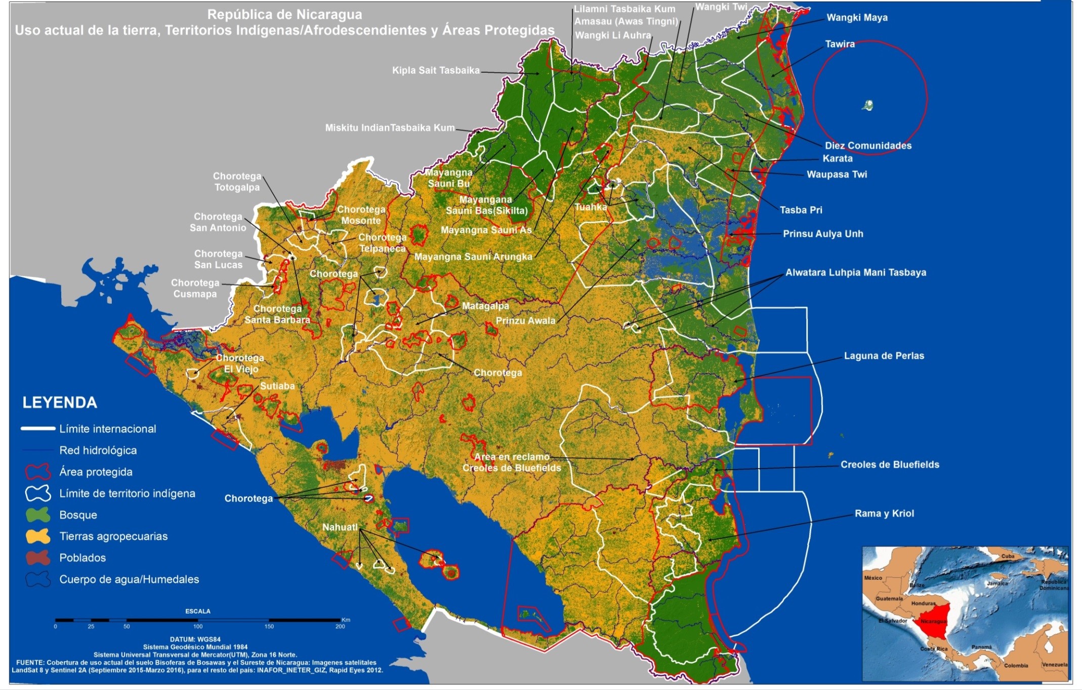 República de Nicaragua: uso actual de la tierra;Territorios Indígenas/Afrodescendientes y Areas Protegidas