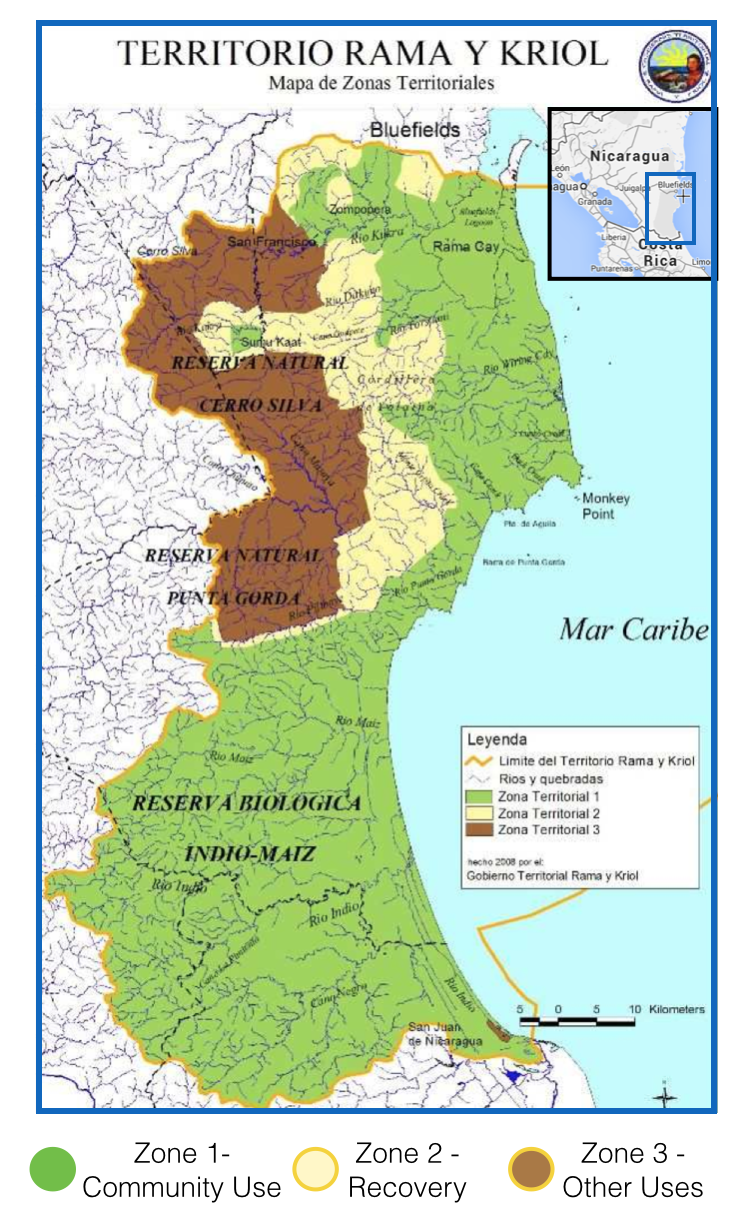 Territorio Rama y Kriol: Mapa de Zonas Territoriales. Three Zones proposed by the PADA to ensure a sustainable future for the communities of Rama and Kriol