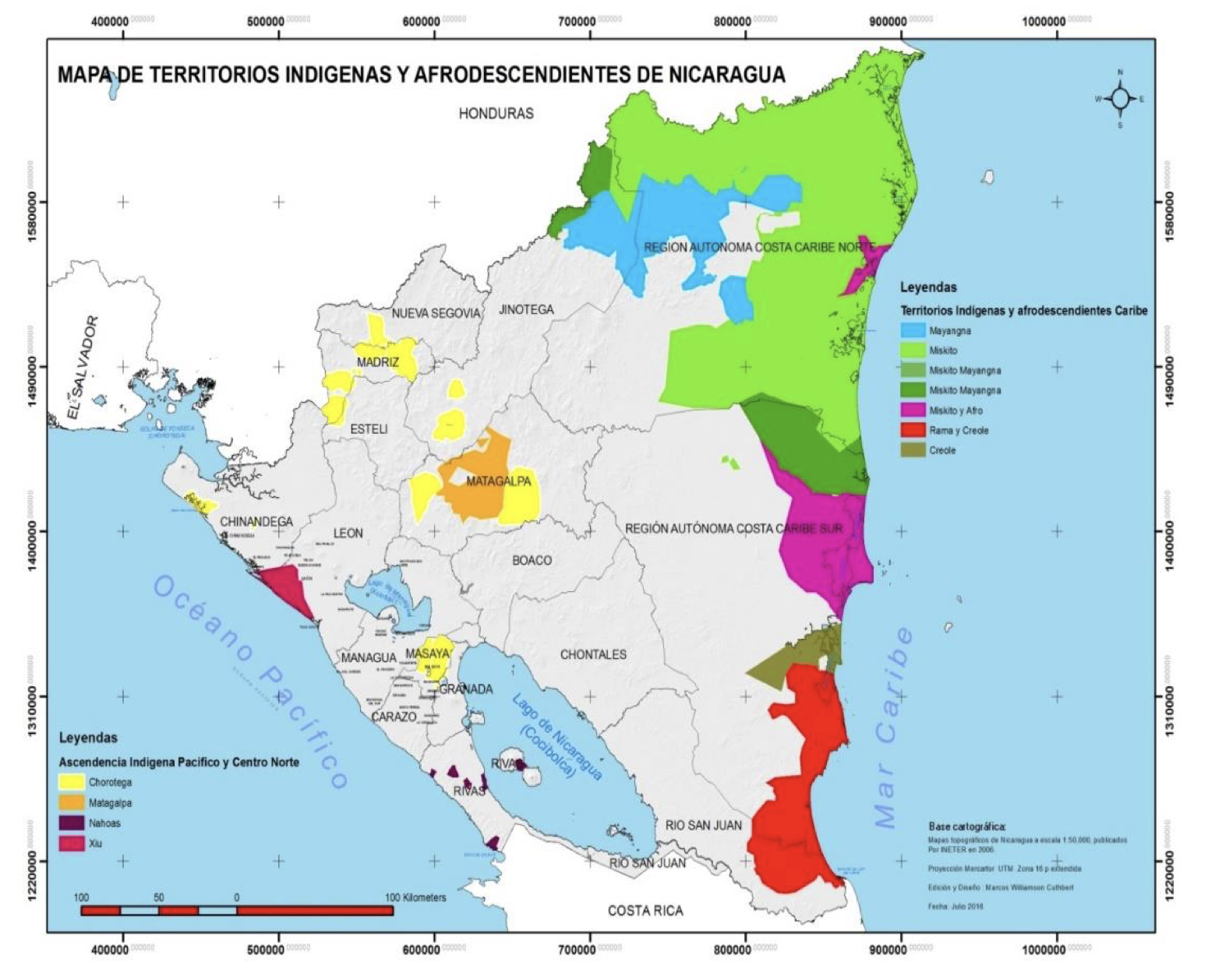 Mapa de Territorios Indigenas y Afrodescendientes de Nicaragua.