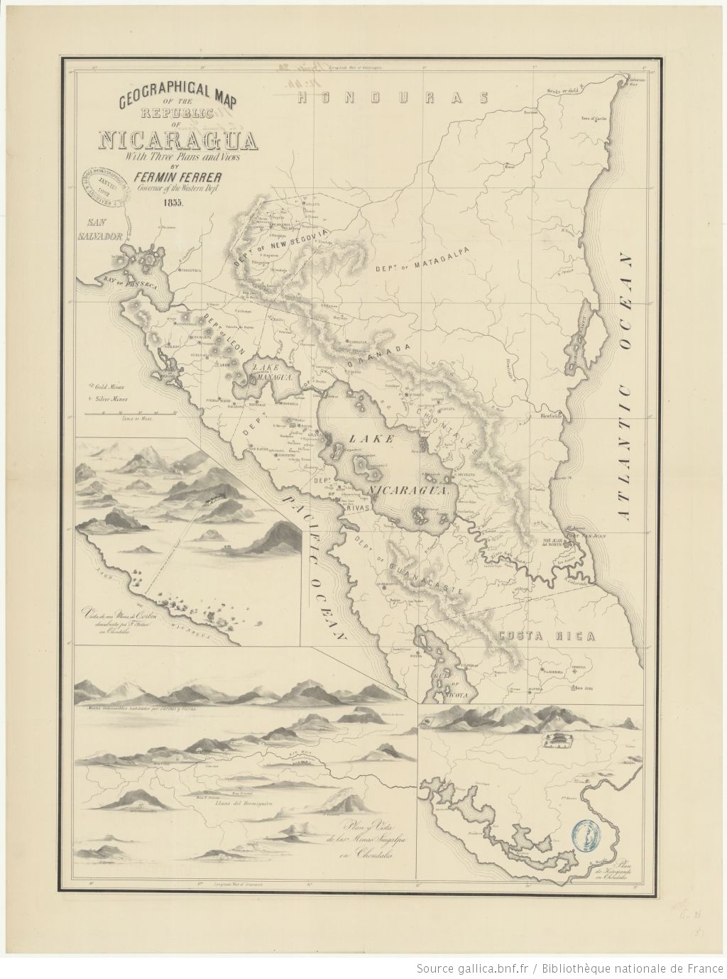 Geographic Map of the Nicaragua with three plans and views.