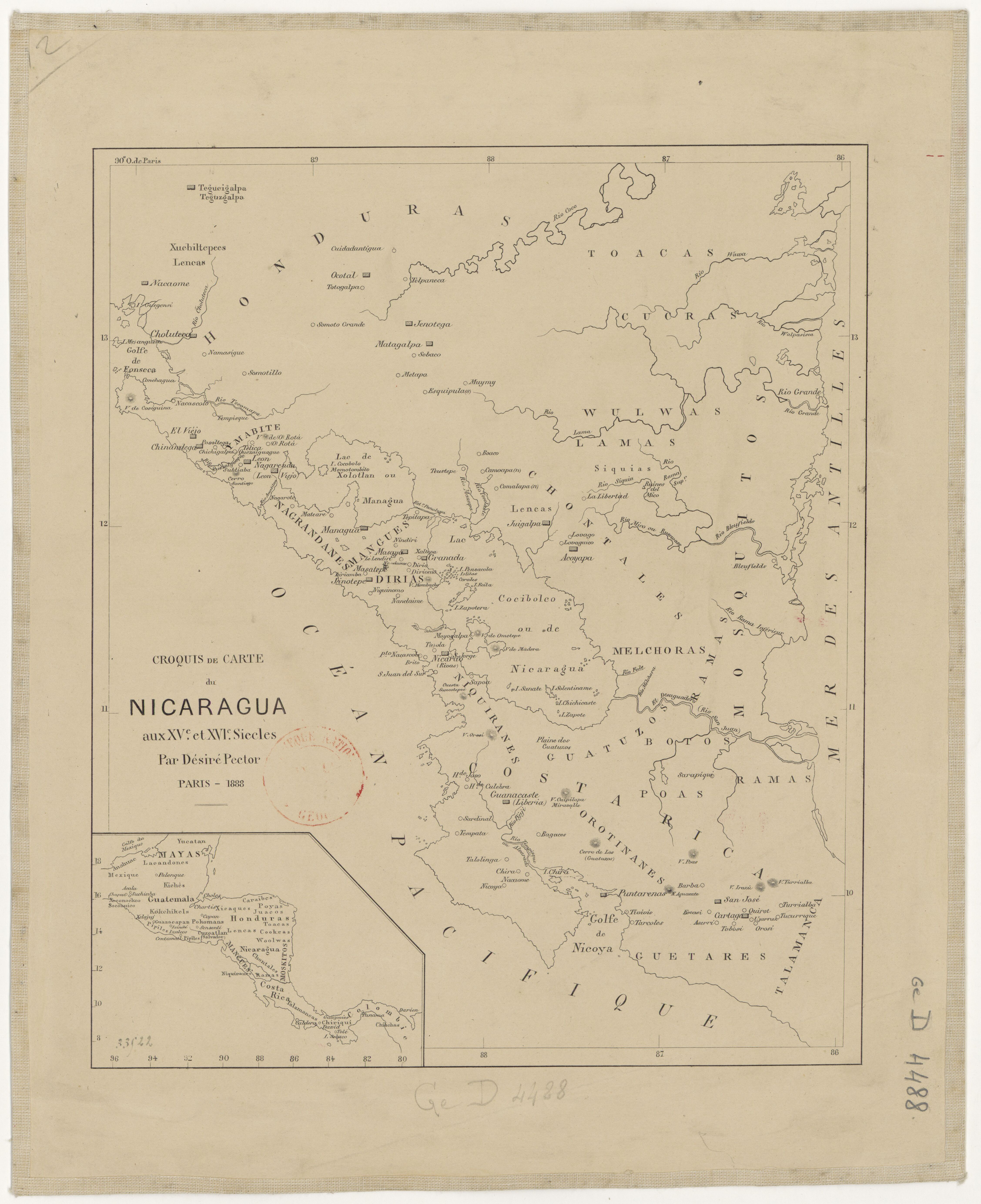 Croquis de carte du Nicaragua aux XVe et XVIe siécles/ par Désiré Pector.