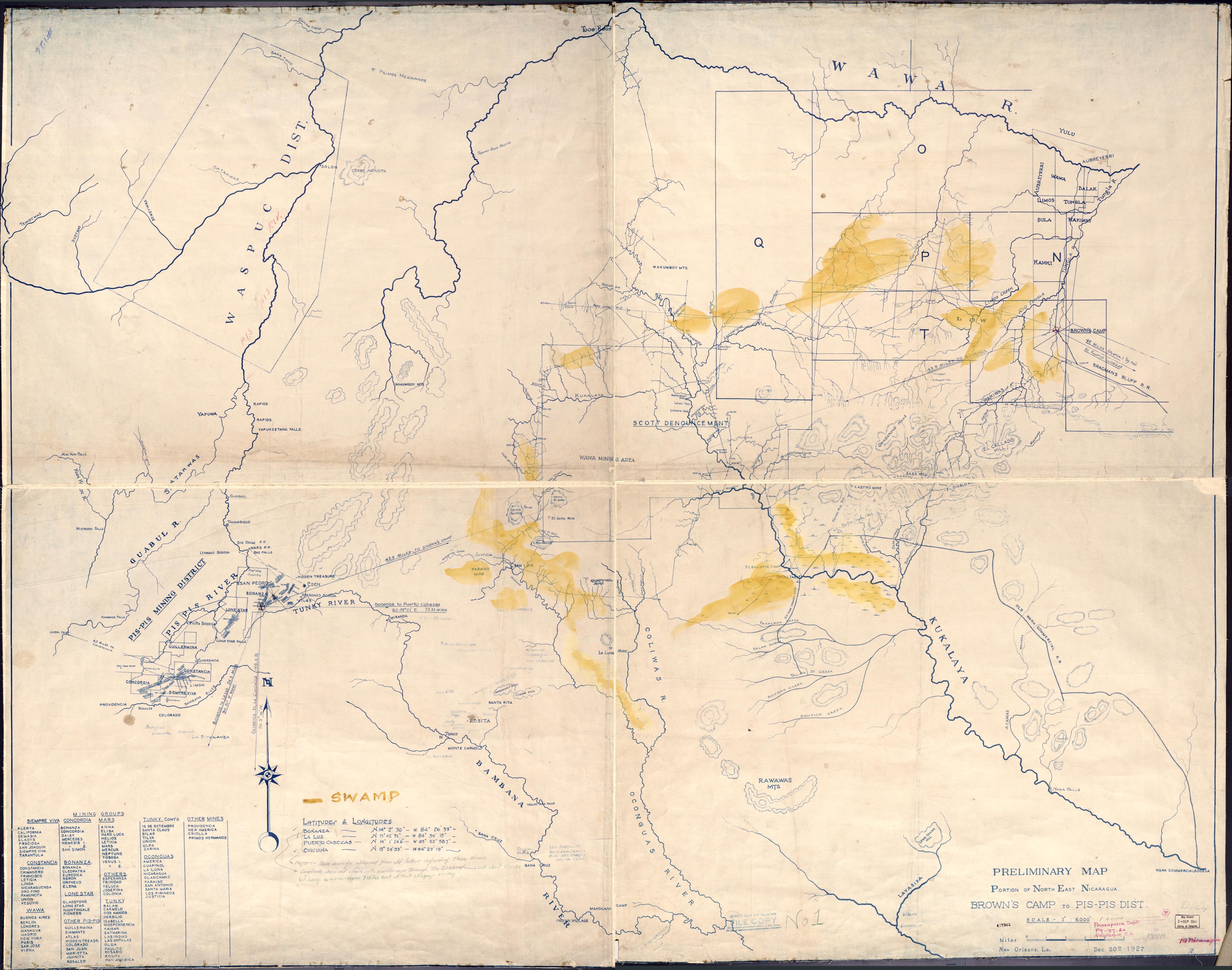 Preliminary Map;portion of north east [sic] Nicaragua: Brown's Camp to Pis Pis District.