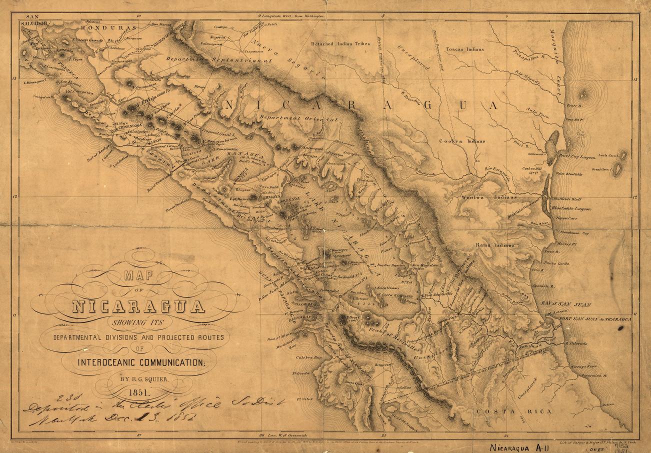 Map of Nicaragua showing departmental divisionsand projected routes of interoceanic communication.