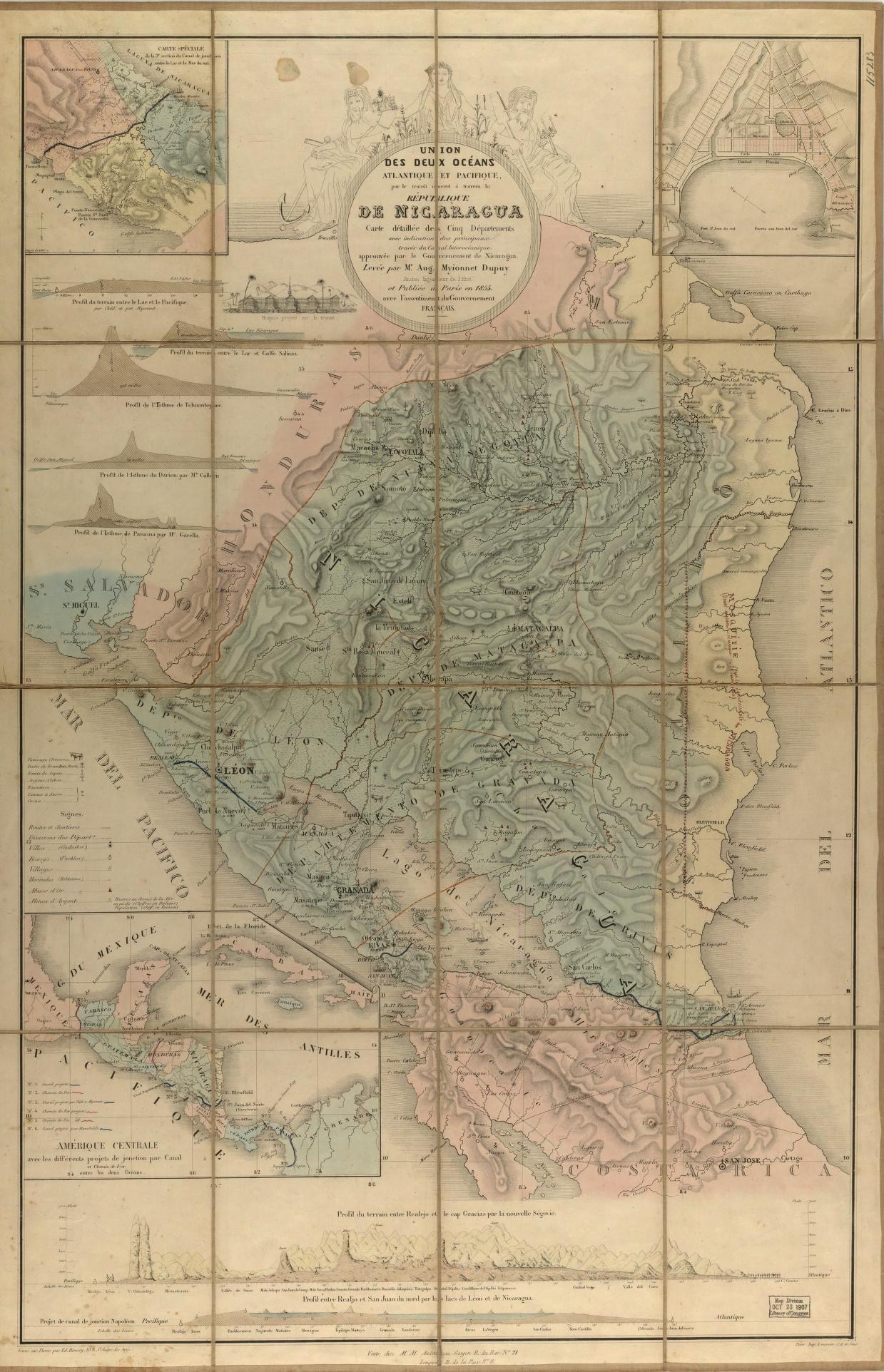 Union des deux ocʹeans Atlantique et Pacifique;par le transit ouvert à travers la rʹepublique De Nicaragua : carte dʹetaillʹee des cinq dʹepartements avec indication des principaux tracʹes du Canal Interocʹeanique ...