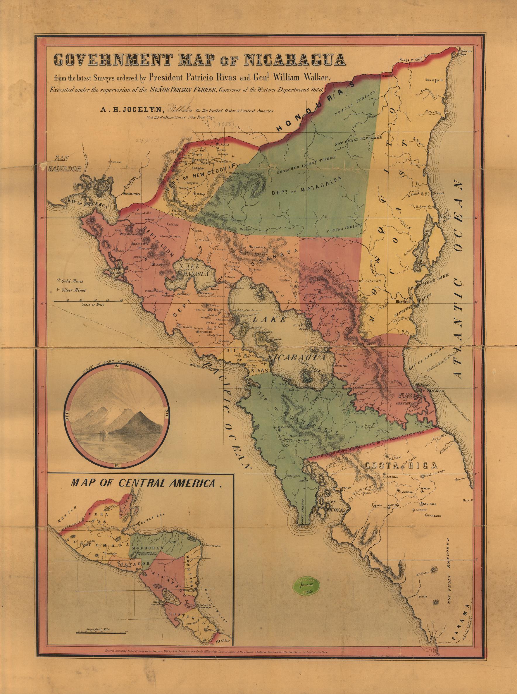 Government map of Nicaragua : from the latest surveys ordered by President Patricio Rivas and Genl. William Walker ;executed under the supervision of the Señor Fermín Ferrer;Governor of the Western Department;1856