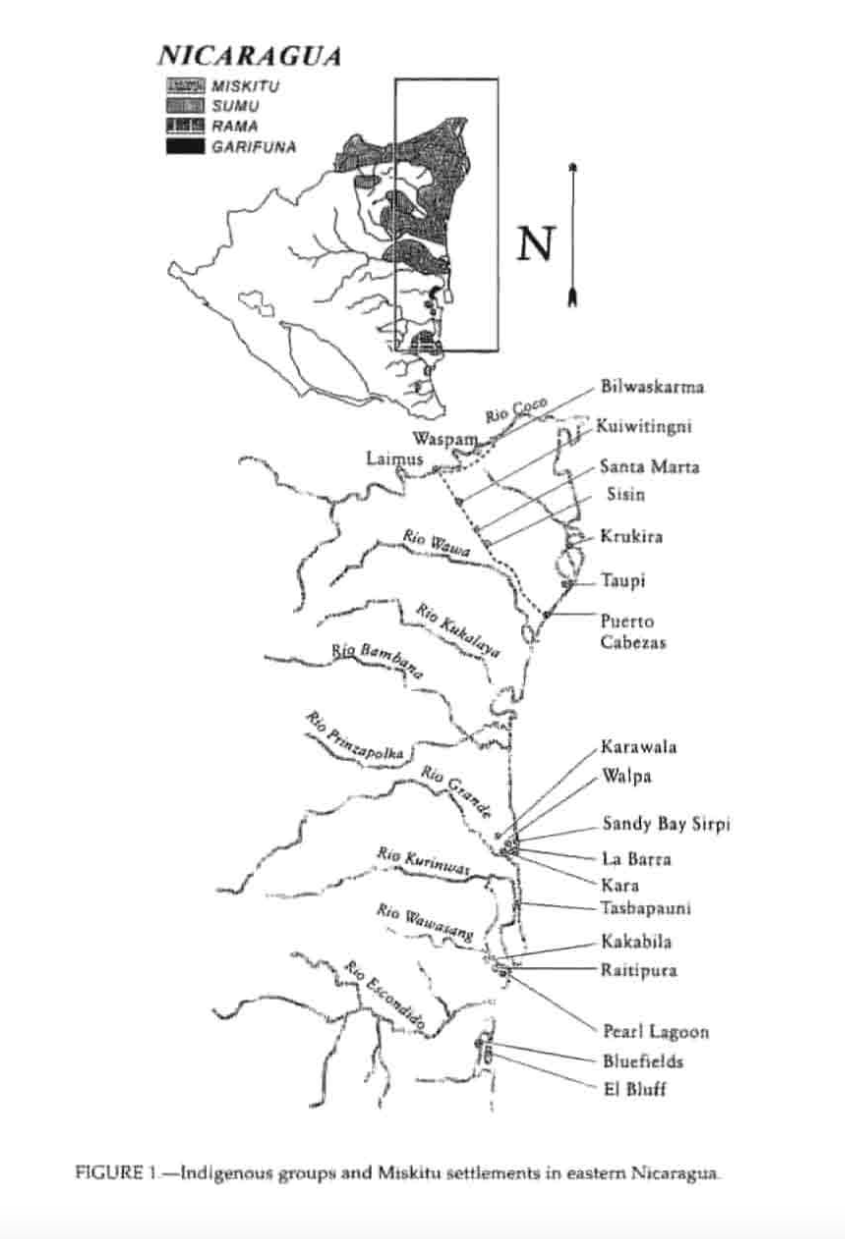 Indigenous groups and Miskitu settlements in eastern Nicaragua.