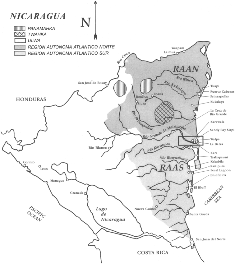 Map of Nicaragua showing Ulwa settlements in Eastern Nicaragua and field study sites (in rectangle)