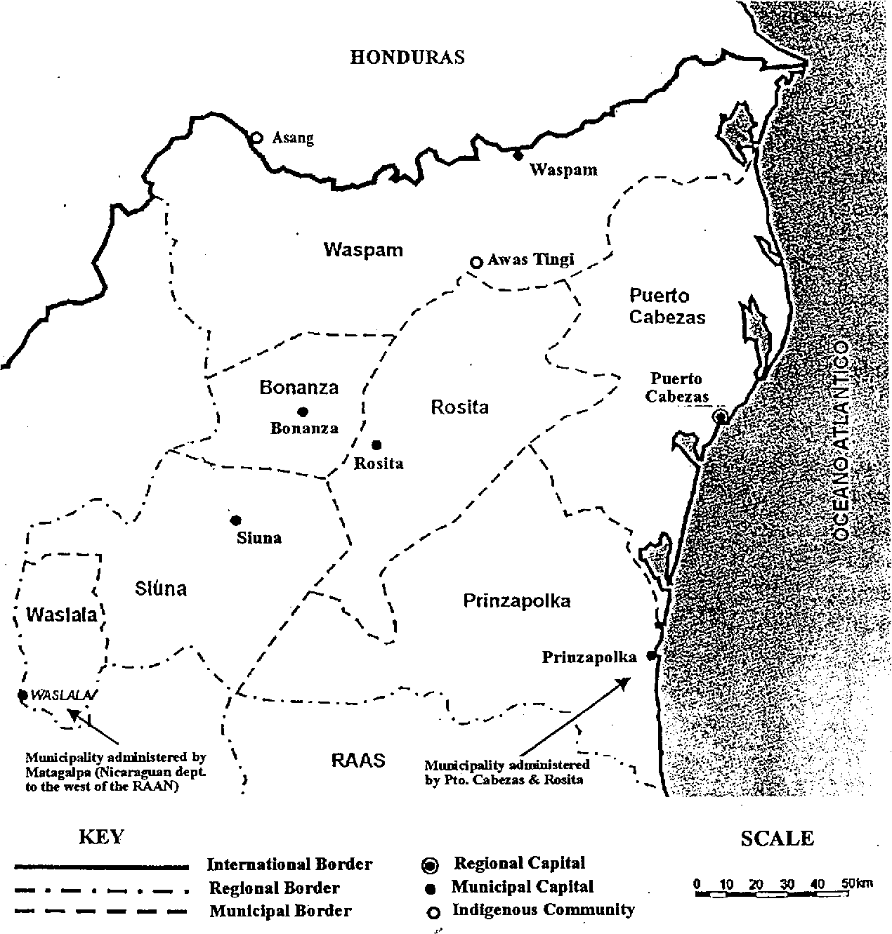 Map of the North Atlantic Autonomous Region (RAAN);Northeastern Nicaragua.