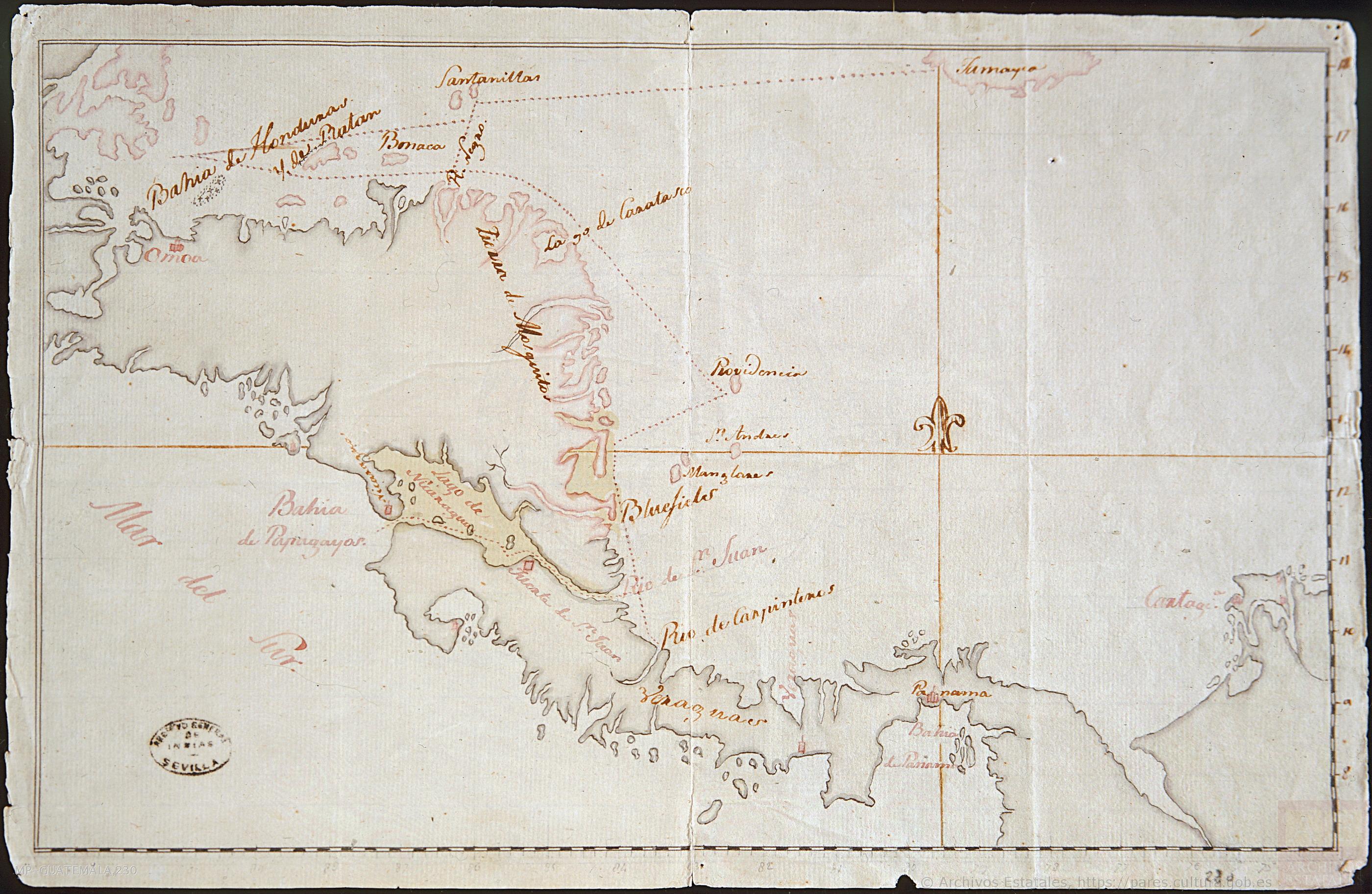 Mapa de la América Central comprendida entre el Golfo Dulce y Cartagena de Indias;por el Norte y entre la Bahía de Fonseca de Panamá por el Sur.