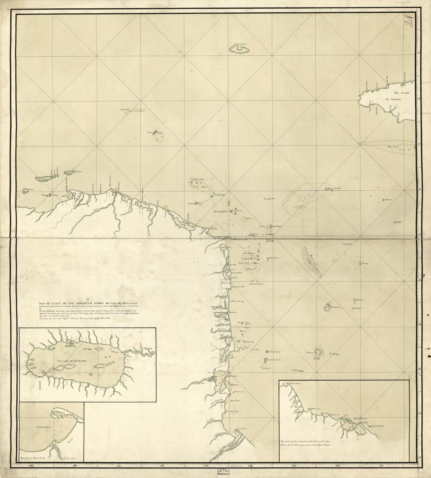 Carta de la Costa de Mosquitos;con sus islas;cayos;bancos y bajos adyacentes entre dicha y la Isla de Jamayca