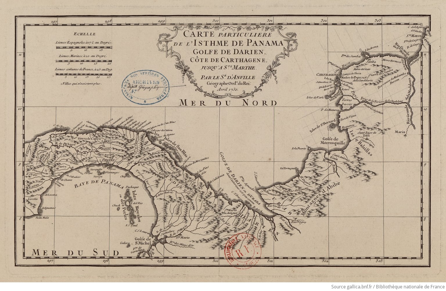 Carte particulière de l'isthme de Panama golfe de Darien, côte de Carthagene, jusqu'à Ste Marthe / par le Sr d'Anville,…