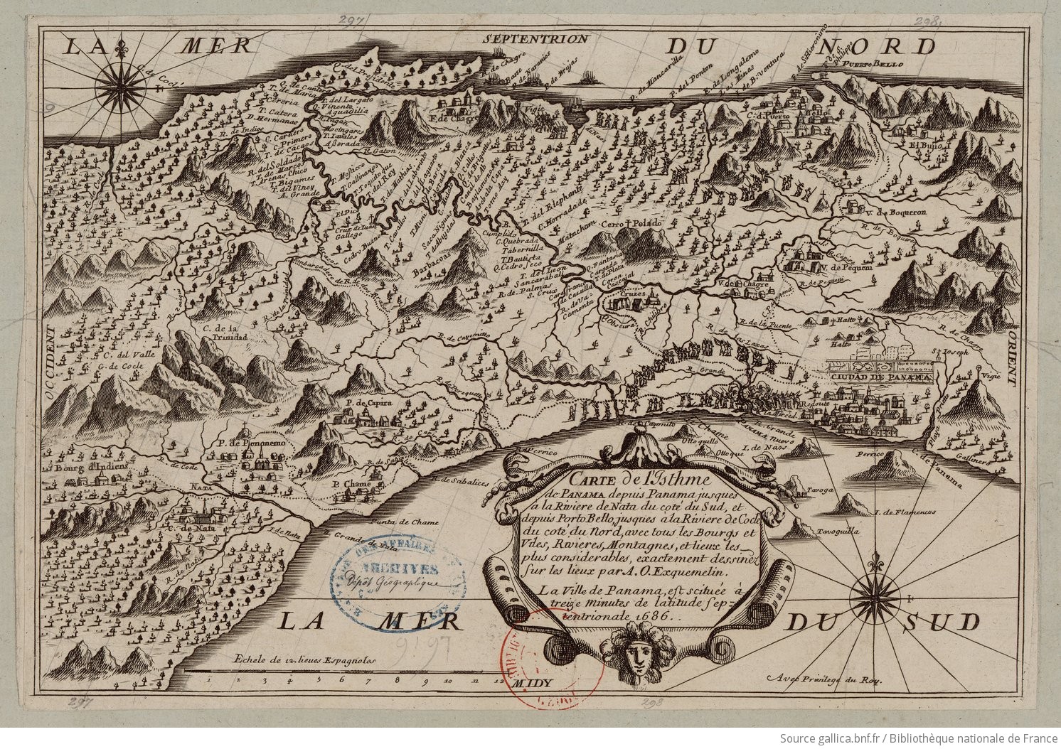 Carte de l'Isthme de Panama depuis Panama jusques à la Riviere de Nata du coté du Sud, et depuis Porto Betto, jusques à la Riviere de Codé du coté du Nord