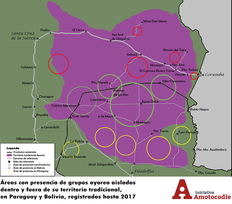 Áreas con presencia de grupos ayoreo aislados dentro y fuera de su territorio traditional, en Paraguay y Bolivia, registrados hasta 2017