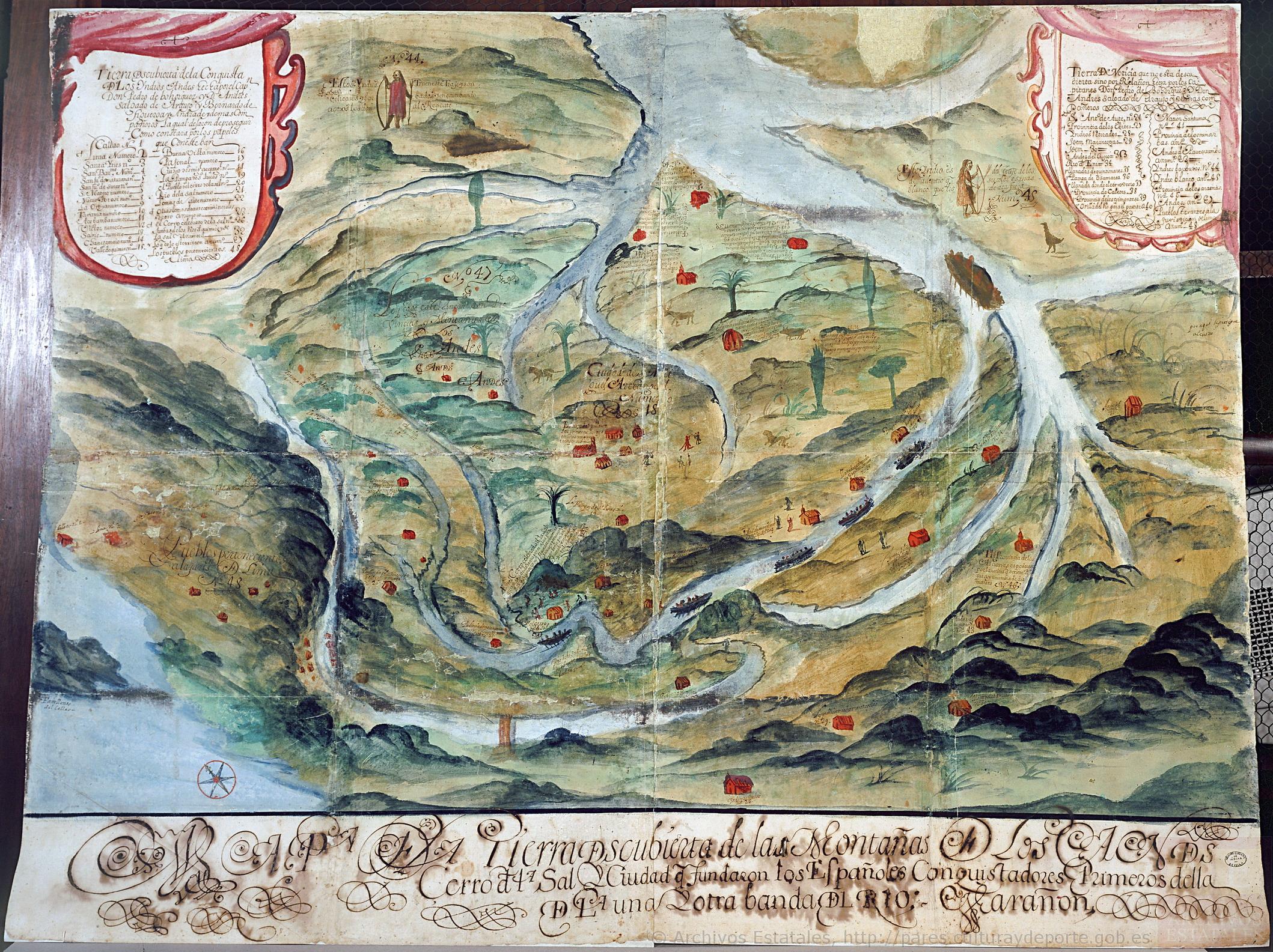 Mapa de la tierra descubierta de las montañas de los Andes, cerro de la Sal, y ciudad que fundaron los españoles conquistadores, primeros de ella, de la una y otra banda del río Marañón