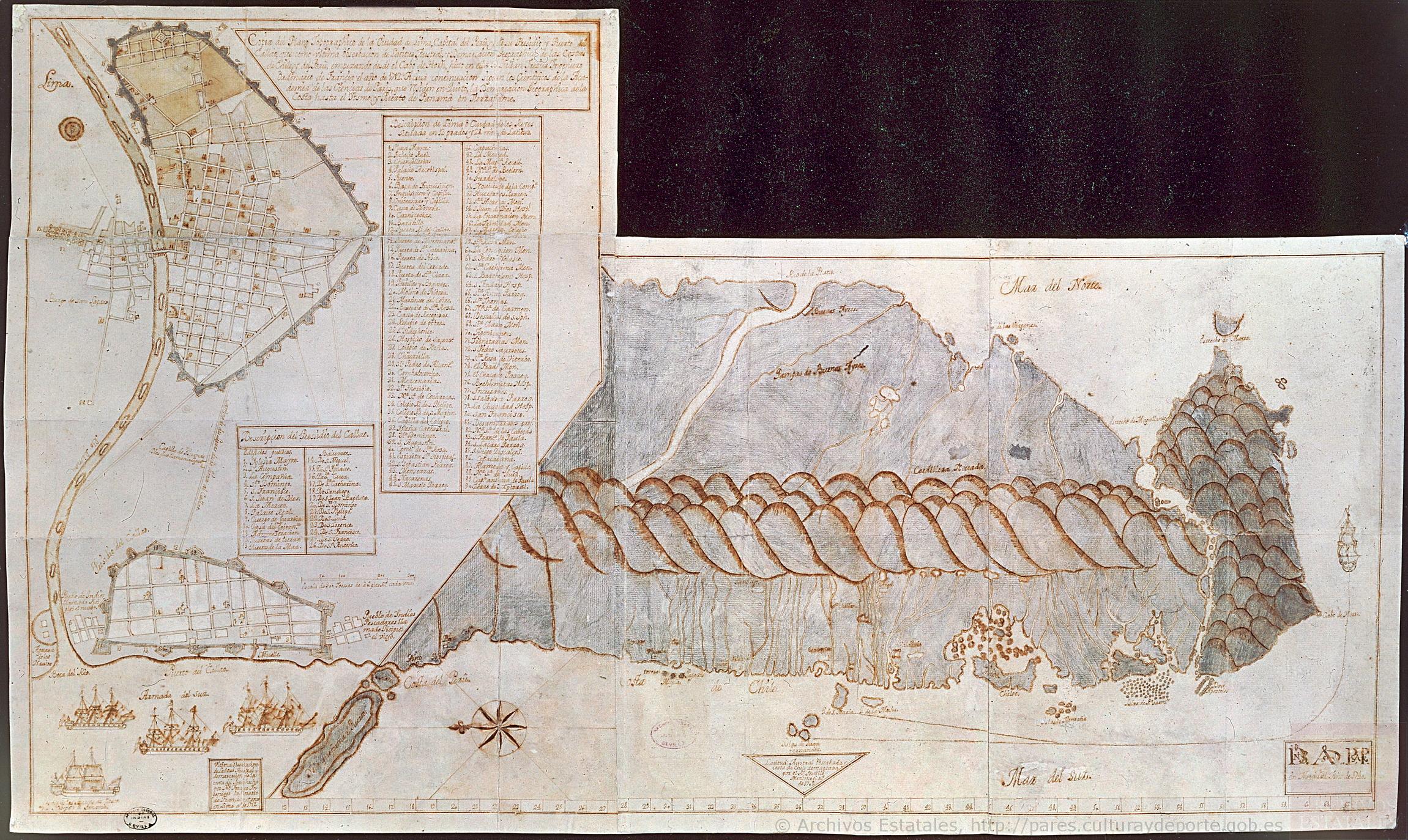 Copia del Plano Topográfico de la Ciudad de Lima, capital del Perú, y de su presidio y puerto del Callao, que como última observación de Latitud Austral, y demarcación geográfica de las costas de Chile y del Perú