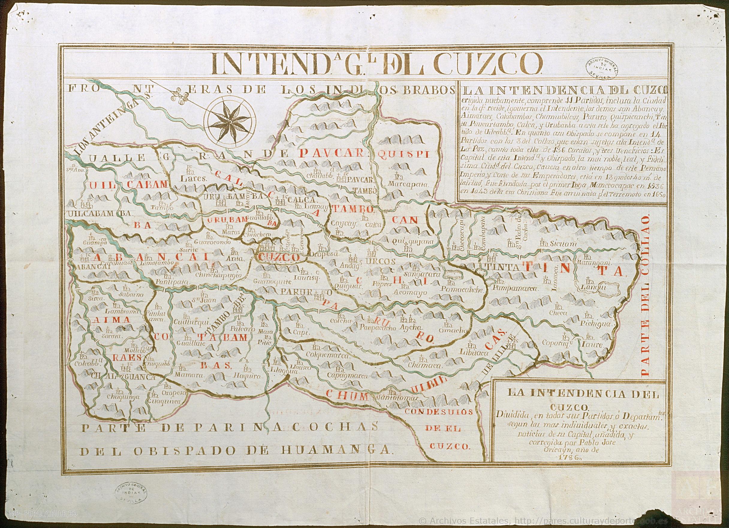 La Intendencia del Cuzco : Diuidida en todos los partidos o departamentos según las más individuales y exactas noticias de su capital, añadida y corregida por Pablo José Oricayn, año de 1786.