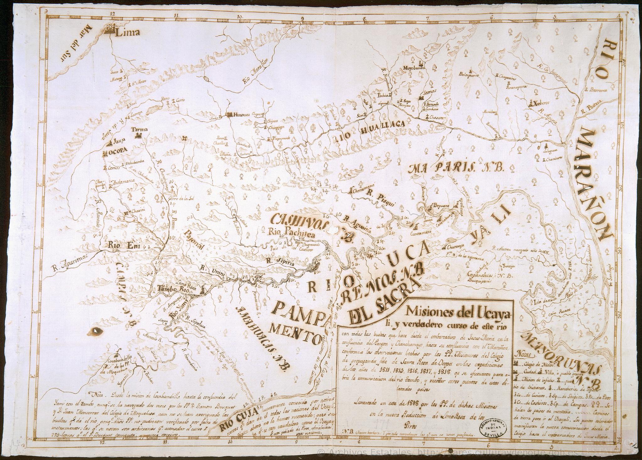 Mapa de las "Misiones del Ucayali y verdadero curso de este río con todas las vueltas que hace desde el embarcadero de Jesús-María en la confluencia del Pangora y Chanchamayo, hasta su confluencia con el Marañón, comforme á las observaciones hechas por los PP. Misioneros del Colegio de propaganda fide de Santa Rosa de Ocopa en las expediciones de los años de 1811, 1815, 1816, 1817 y 1818 que se efectuaron para abrir la comunicación del río Tambo, y reconocer otros puntos de estos dilatados países.