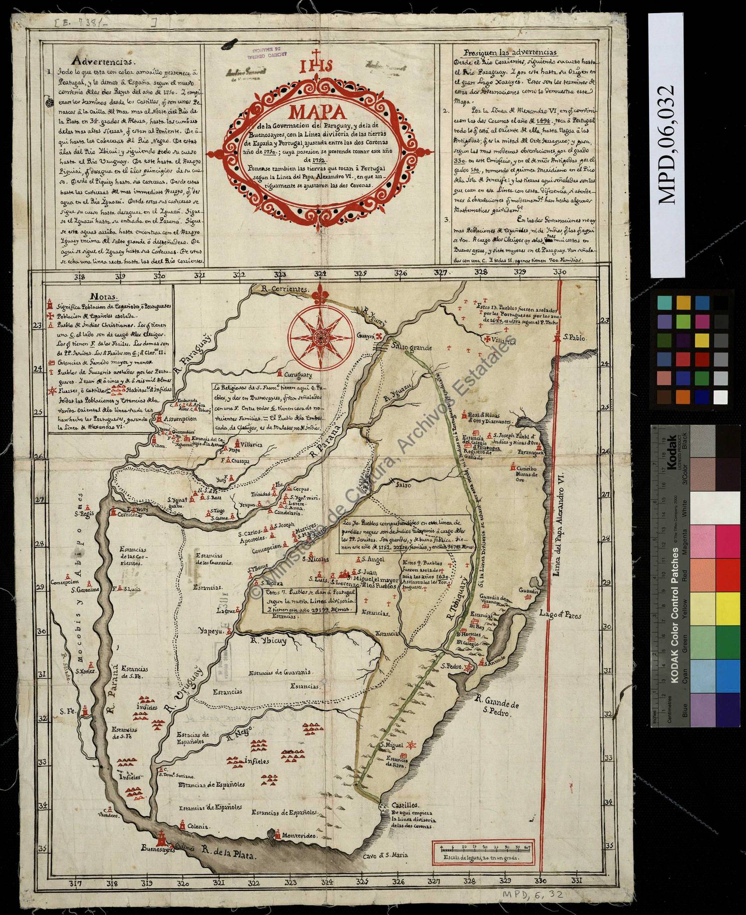 Mapa de la Governacion del Paraguay y de la de Buenos Ayres con la linea divisoria de las tierras de España y Portugal ajustada entre las dos Coronas año 1750 cuya posesion se pretende tomar este año de 1752