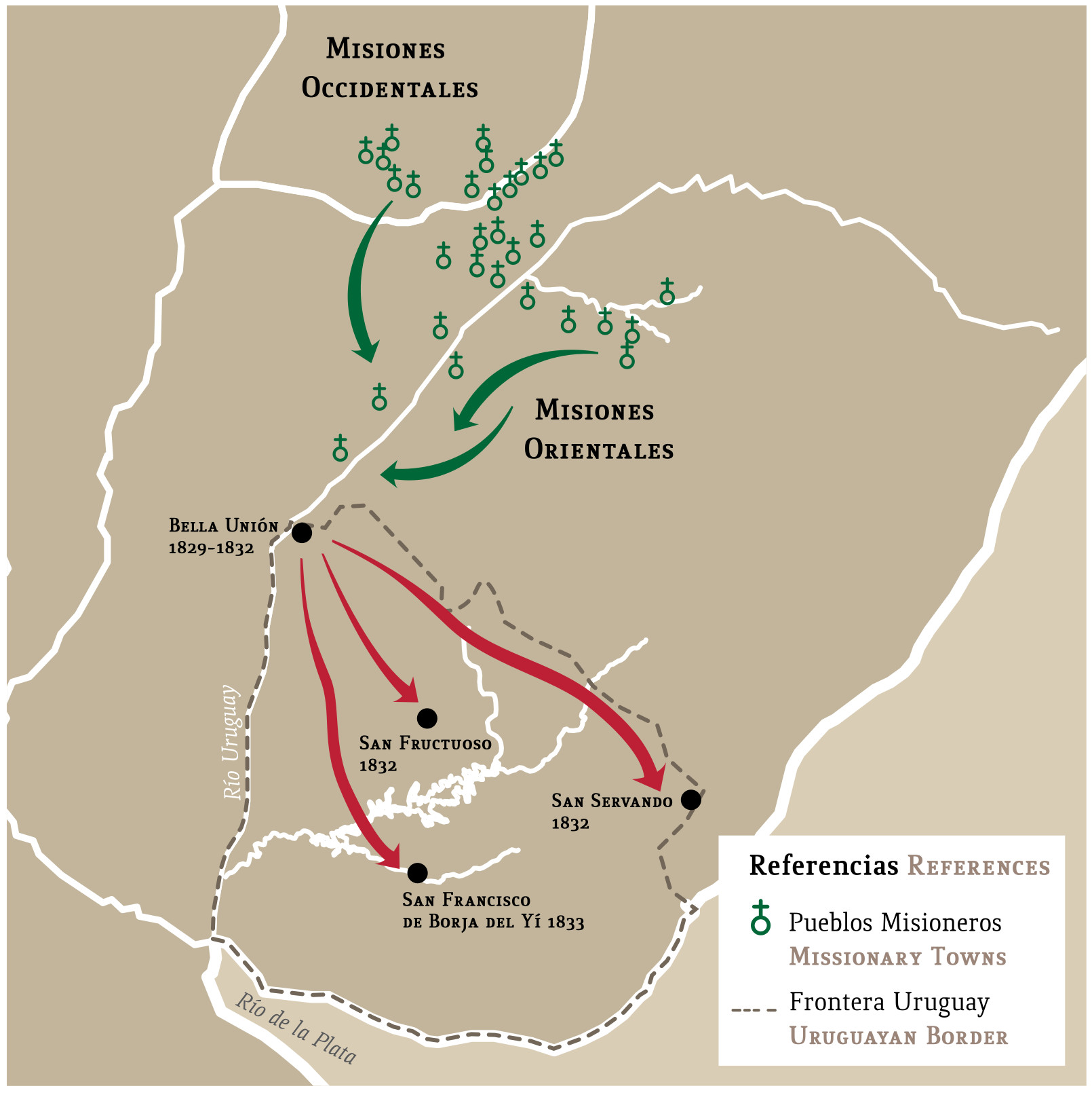 Mapa con migraciones
de indígenas misioneros y fundación de pueblos en Uruguay