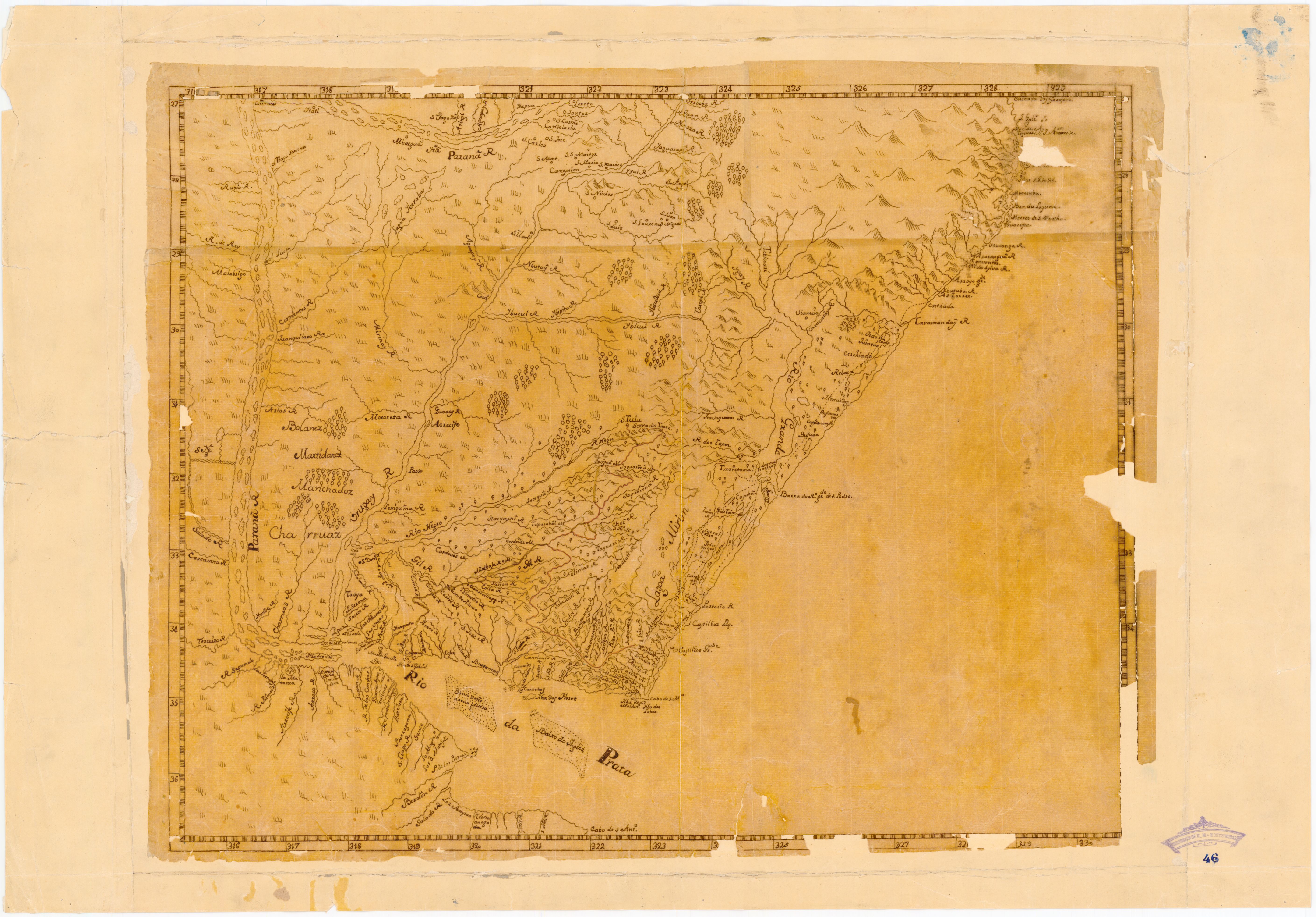 Mapa que muestra la zona al este y al sur del río Paraná, desde los 27°00' S. a 37°00' S. y Uruguay