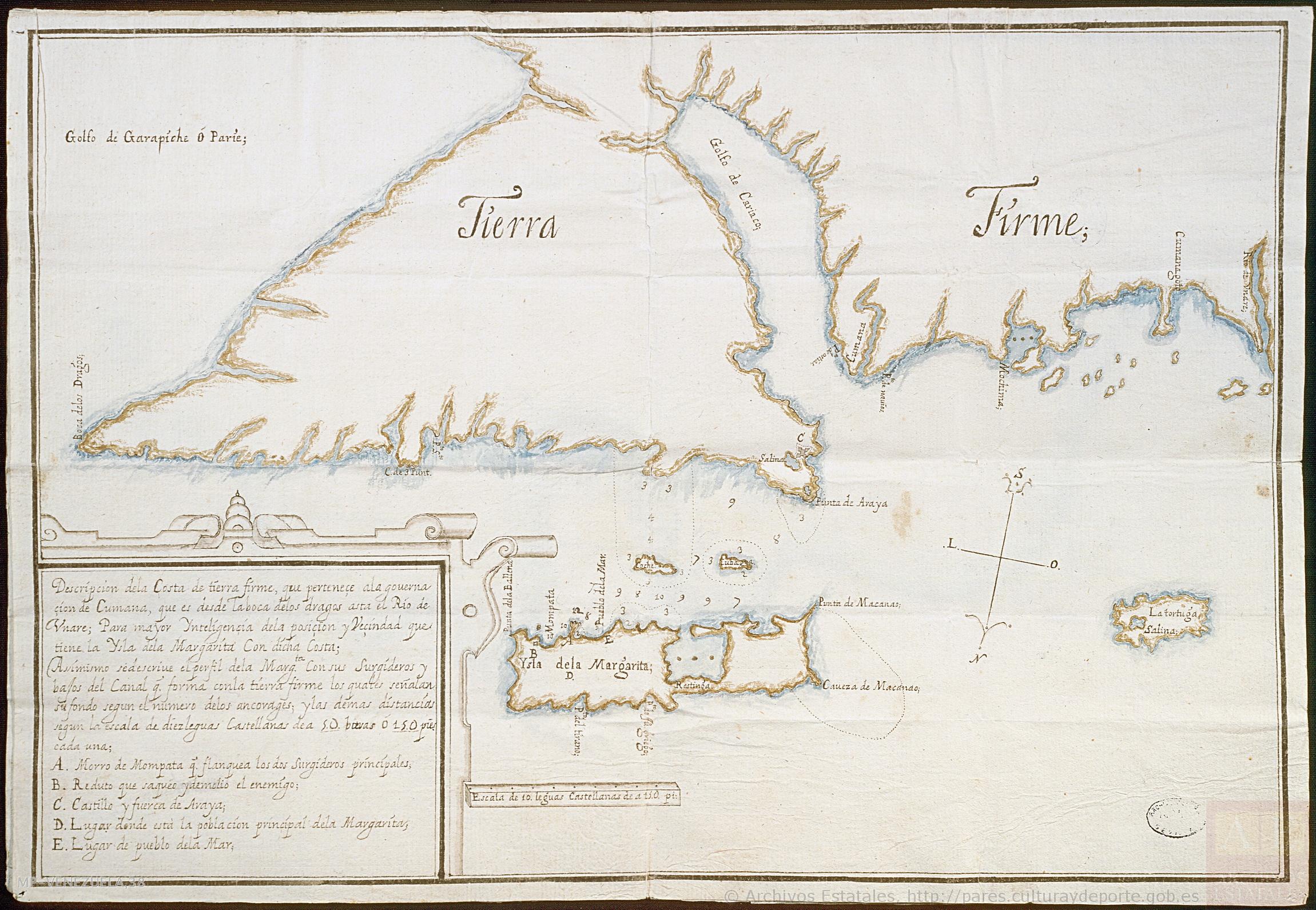 Descripción de la costa de tierra firme que perteneçe a la gouernaçión de Cumaná;que es desde la boca de los Dragos asta el río de Unare para mayor inteligencia de la posición y vecindad que tiene la ysla de la Margarita con dicha costa