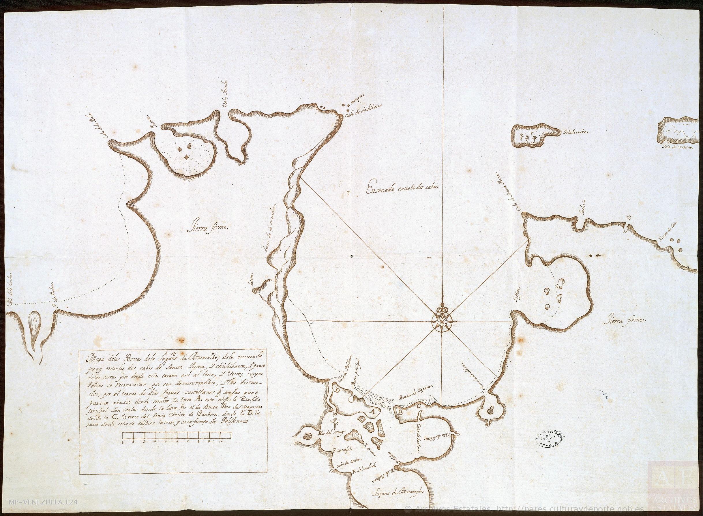 Mapa de las barras de la laguna de Maracaibo;de la ensenada que ay entre los dos cabos de Sancta Anna y Chichibacoa;y parte de las costas que desde ellos corren assí al este y vueste;cuyos paízes se reconocerán por sus demonstratibos;y las distancias por el tronco de dies leguas castellanas que son las que parecen abaxo