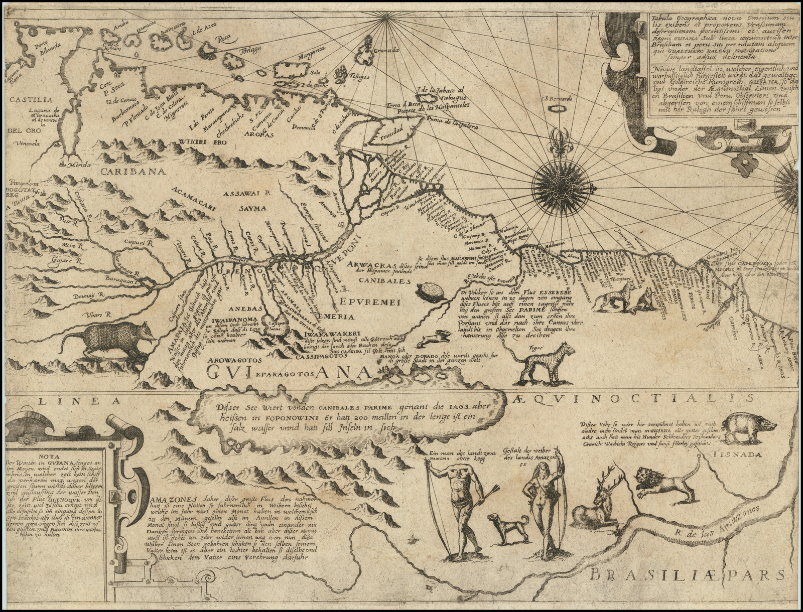 Tabula Geographica nova Omnium oculis exibens et proponens Venssimam descriptionem potentissimi et aurifen Regni Guiana Sub linea aequinoctiuli iner Brasiliam et eru Situ per nautam aliquem qui Gualthero Ralegh navigatione Semper Adsuit delineata