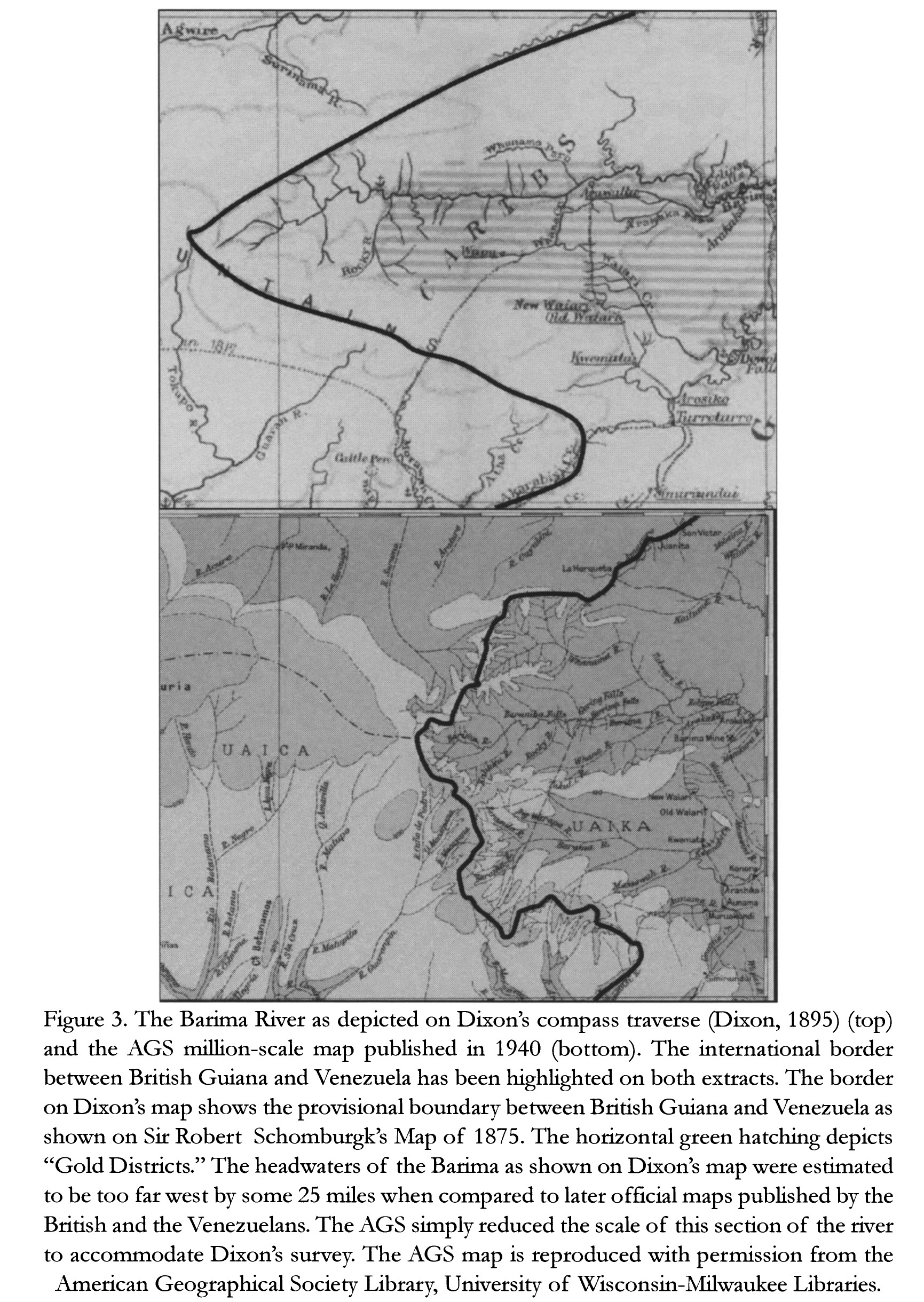 The Barima River as depicted on Dixon's compass traverse and the AGS million-scale map published in 1940 (bottom)