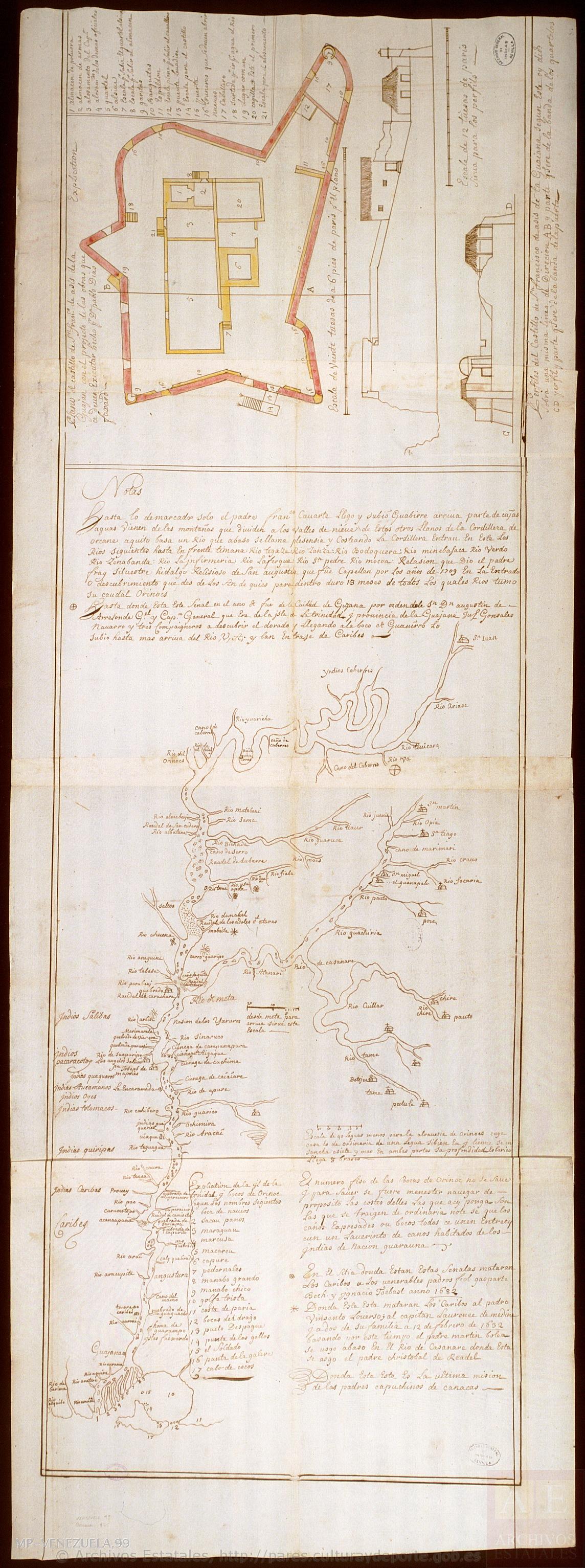 Mapa del Orinoco con planta y dos perfiles del castillo de San Francisco de Asís, en la Guayana.