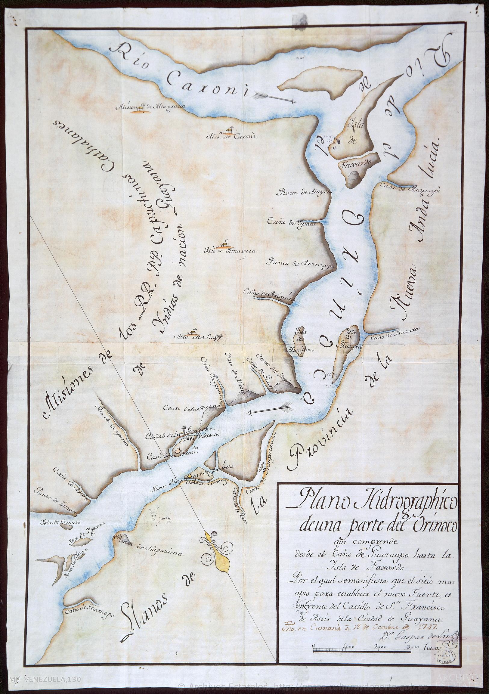 Plano hidrográphico de una parte del Orinoco, que comprende desde el caño de Guaruapo hasta la ysla de Faxardo, por el qual se manifiesta que el sitio más apto para establecer el nuevo fuerte es enfrente del castillo de San Francisco de Assis de la ciudad de Guayana