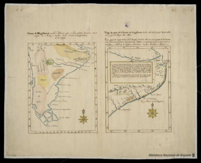 Tierra de Magallanes con las Naciones que se han podido descubrir en viages de Mar y tierra desde el año 1745 hasta el de 1748 ;Viage de parte de la Tierra de Magallanes hecho año de 1748 por Tierra adentro y por la Playa del Mar / Este segundo viage lo hizo el P. Joseph Cardiel solo, sin otro sugeto de la Compañia, y el mismo formó tambien este Mapa, es sugeto dignisimo de todo credito. Paraguay, y Abril 14 de 1749 Sebastián de San Martín