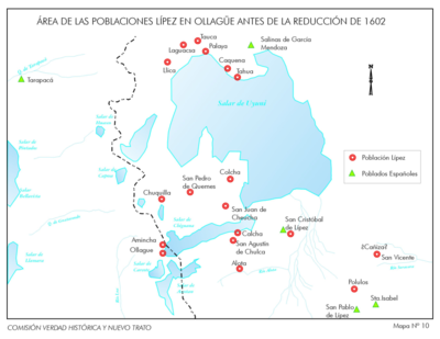 Area de  las Poblaciones Lipez en Ollague antes de la Reduccion de 1602.