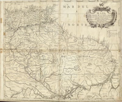 Mapa Coro-Grafico de la Nueva Andalucia;provincias de Cumaná;y Guyana;Vertientes del Orinoco;su cierto origen;comunicación con el de las Amazonas;situación de la Laguna Parime;y nuevas Poblaciones