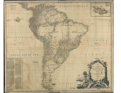 A MAP OF SOUTH AMERICA CONTAINING Tierra Firma, Guayana, New Granada, Amazonia, Brasil, Perú, Paraguay, Chaco, Tucuman, Chili, and Patagonia